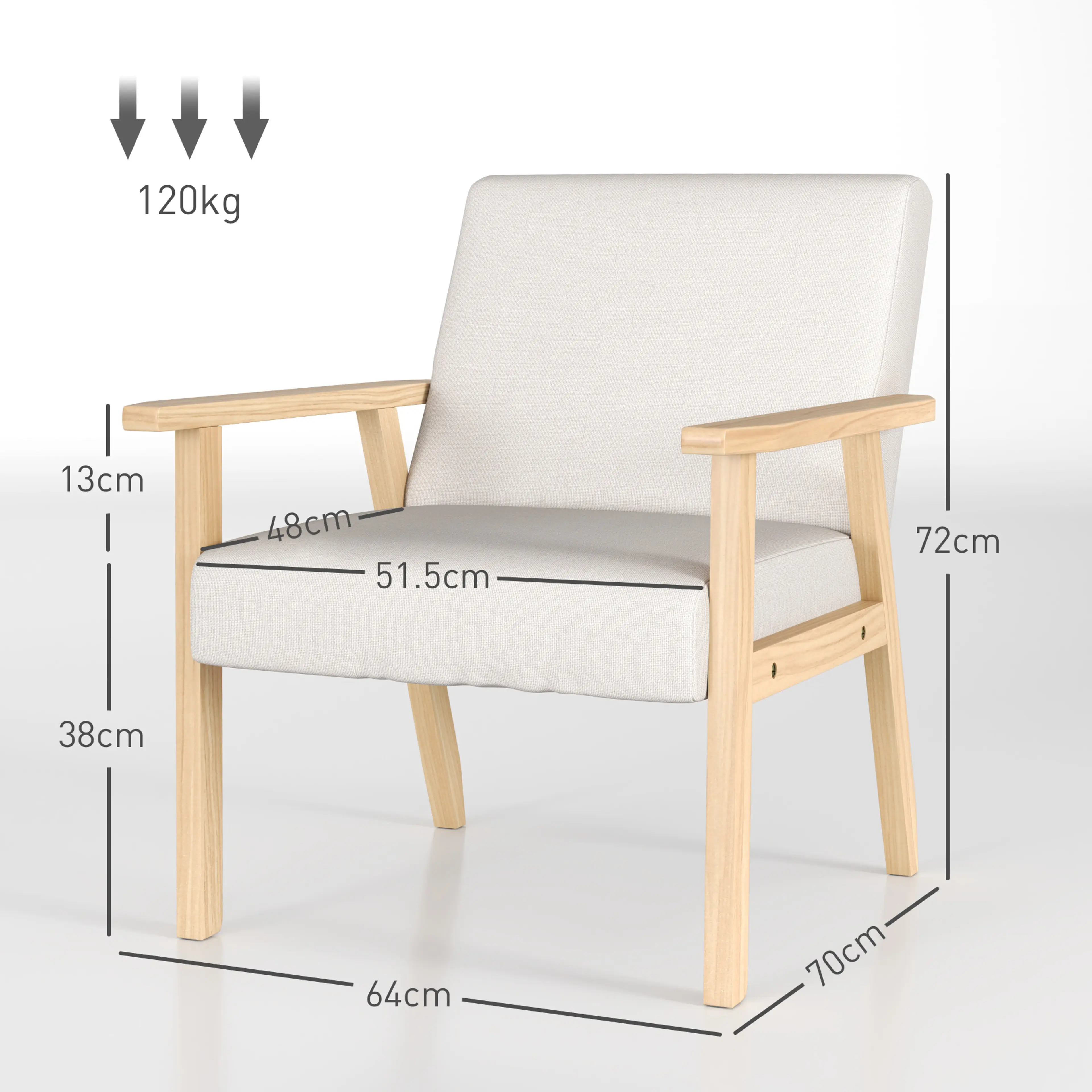 Måttskiss över fåtöljen: 64 × 70 cm golvyta, 72 cm höjd, 38 cm sitthöjd och 120 kg maxlast