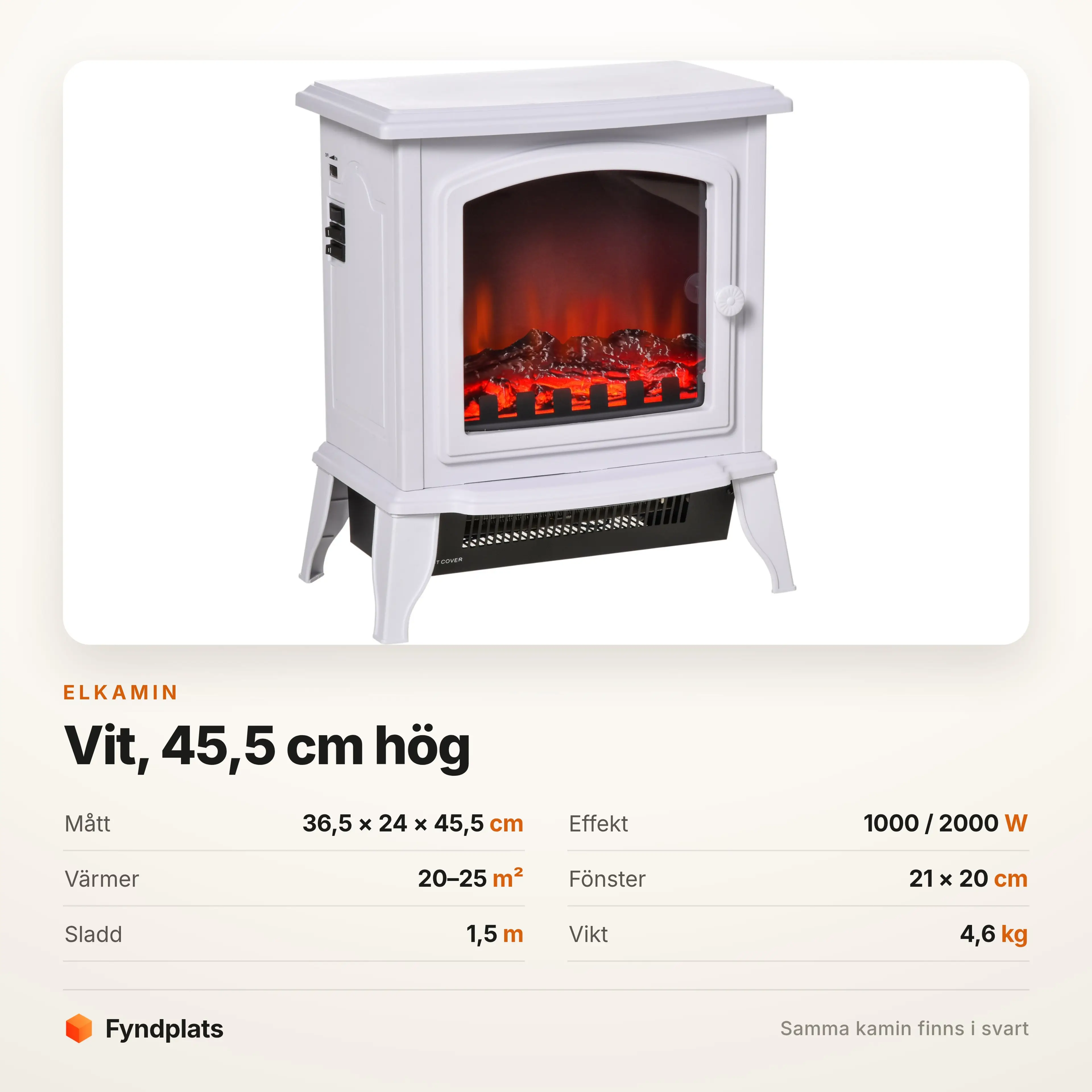 Specifikation: 36,5 × 24 × 45,5 cm, 1000/2000 W, vit