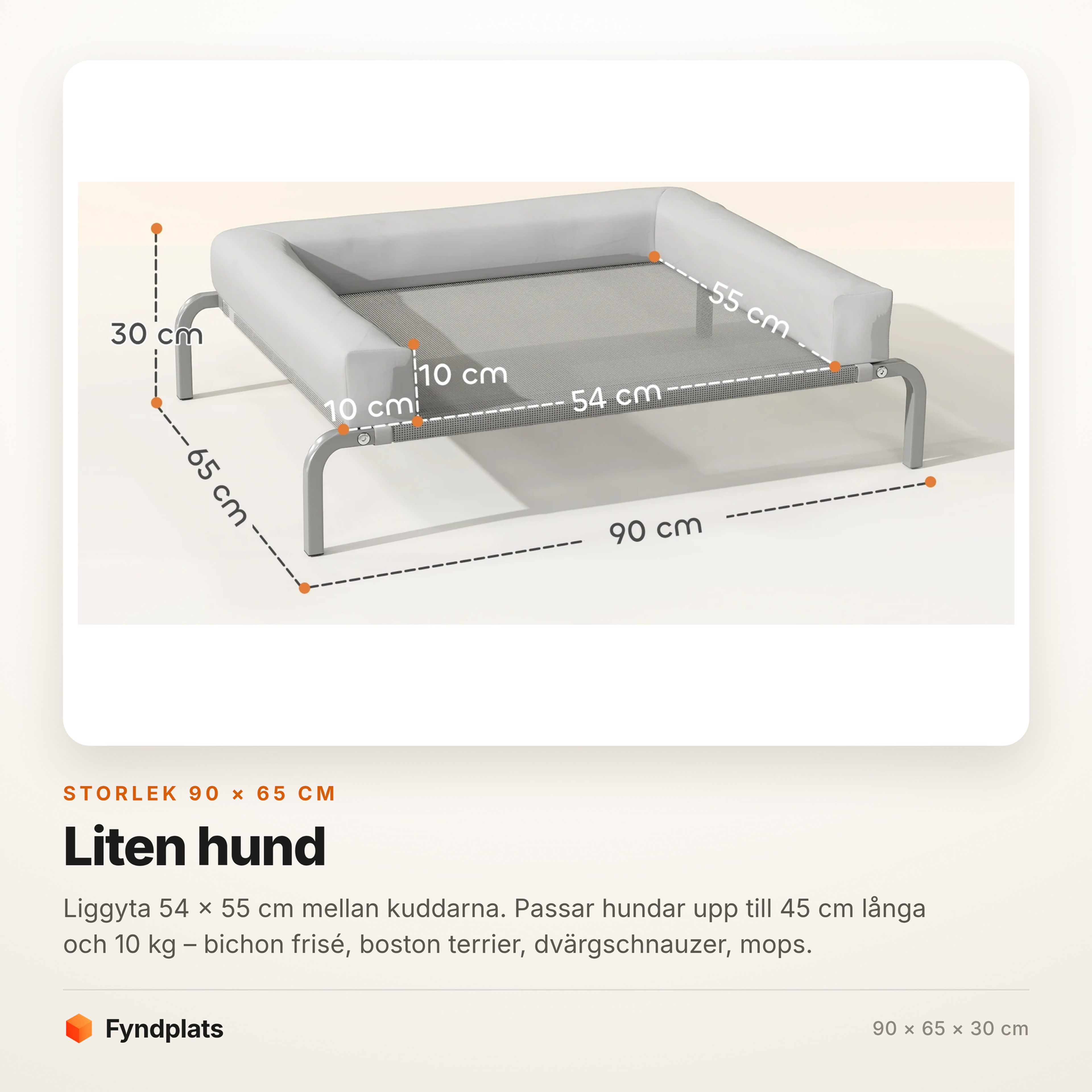Måttkort för hundbädden i storlek 90 × 65 cm med liggyta 54 × 55 cm
