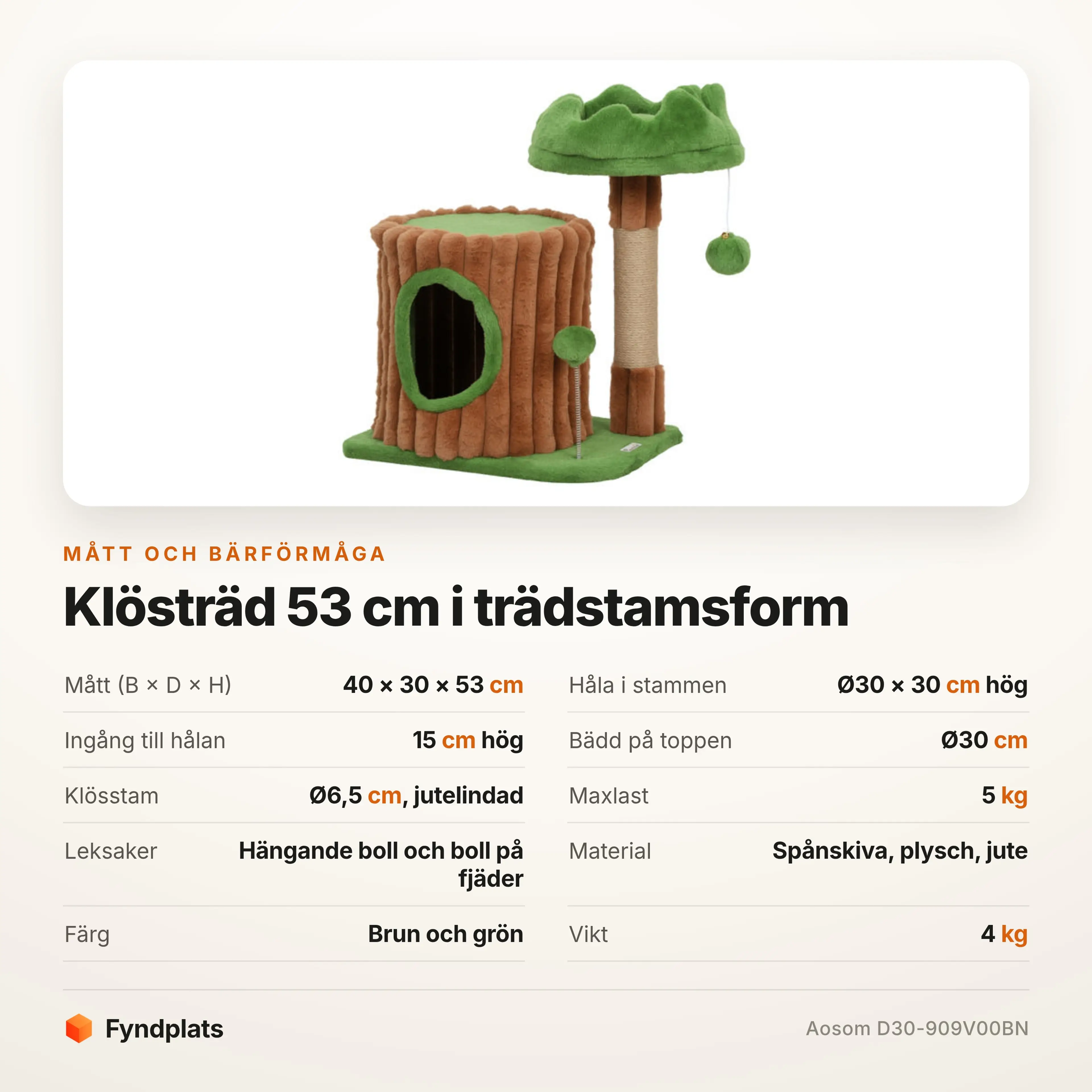 Specifikationskort med mått, hålans storlek och maxlast för klösträdet