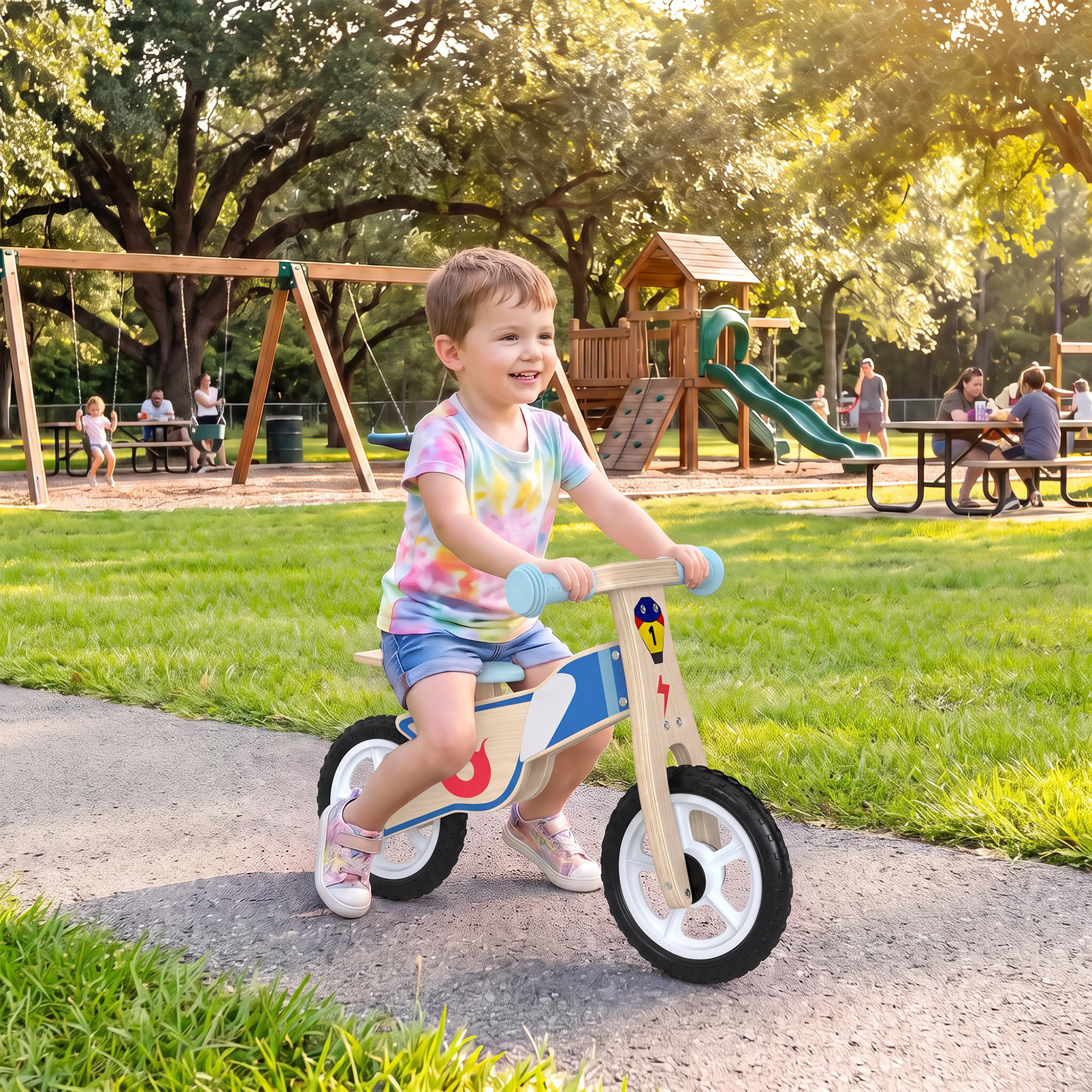 Ett barn åker springcykel på en gångväg vid en lekplats