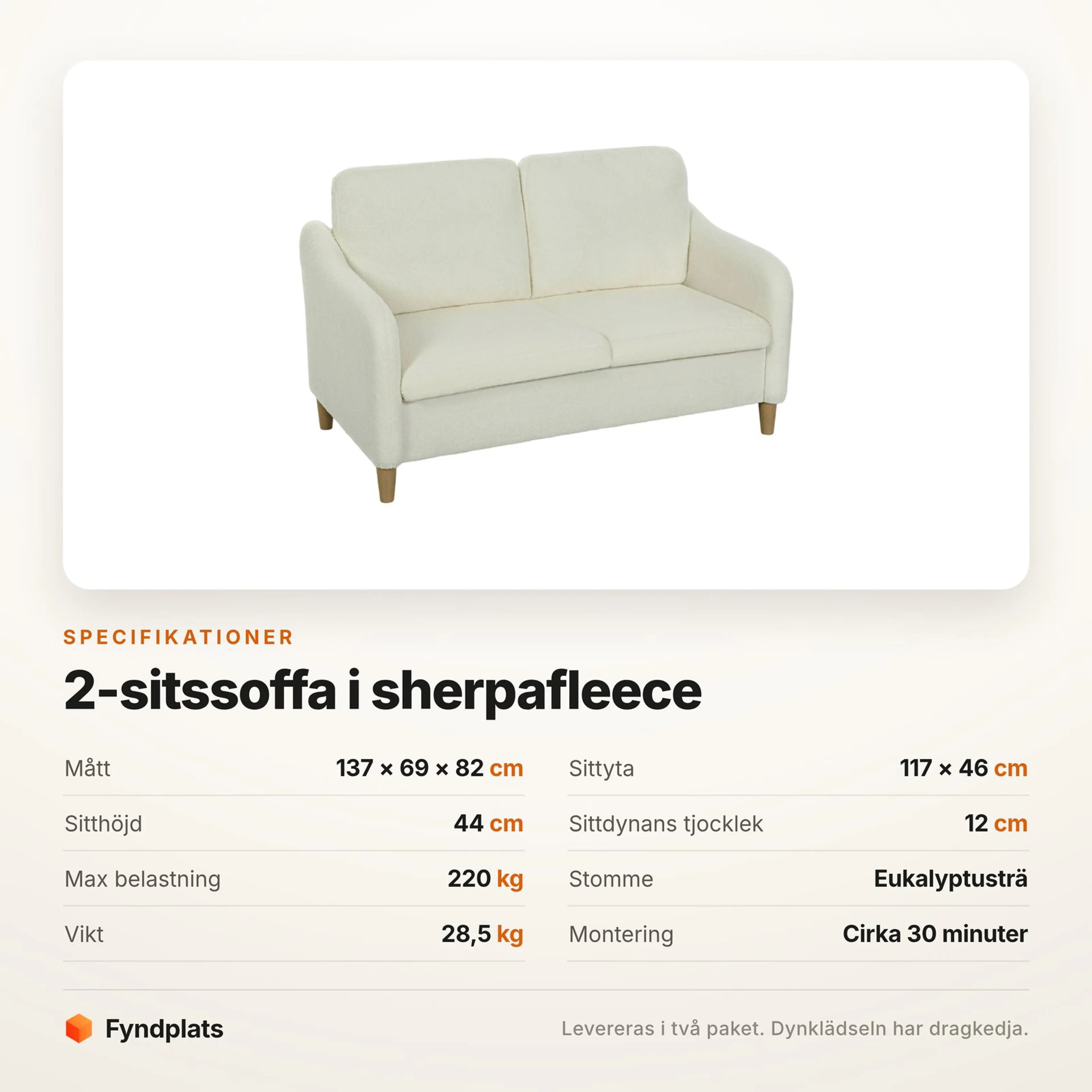 Fyndplats specifikationskort med soffans mått, sitthöjd och maxlast
