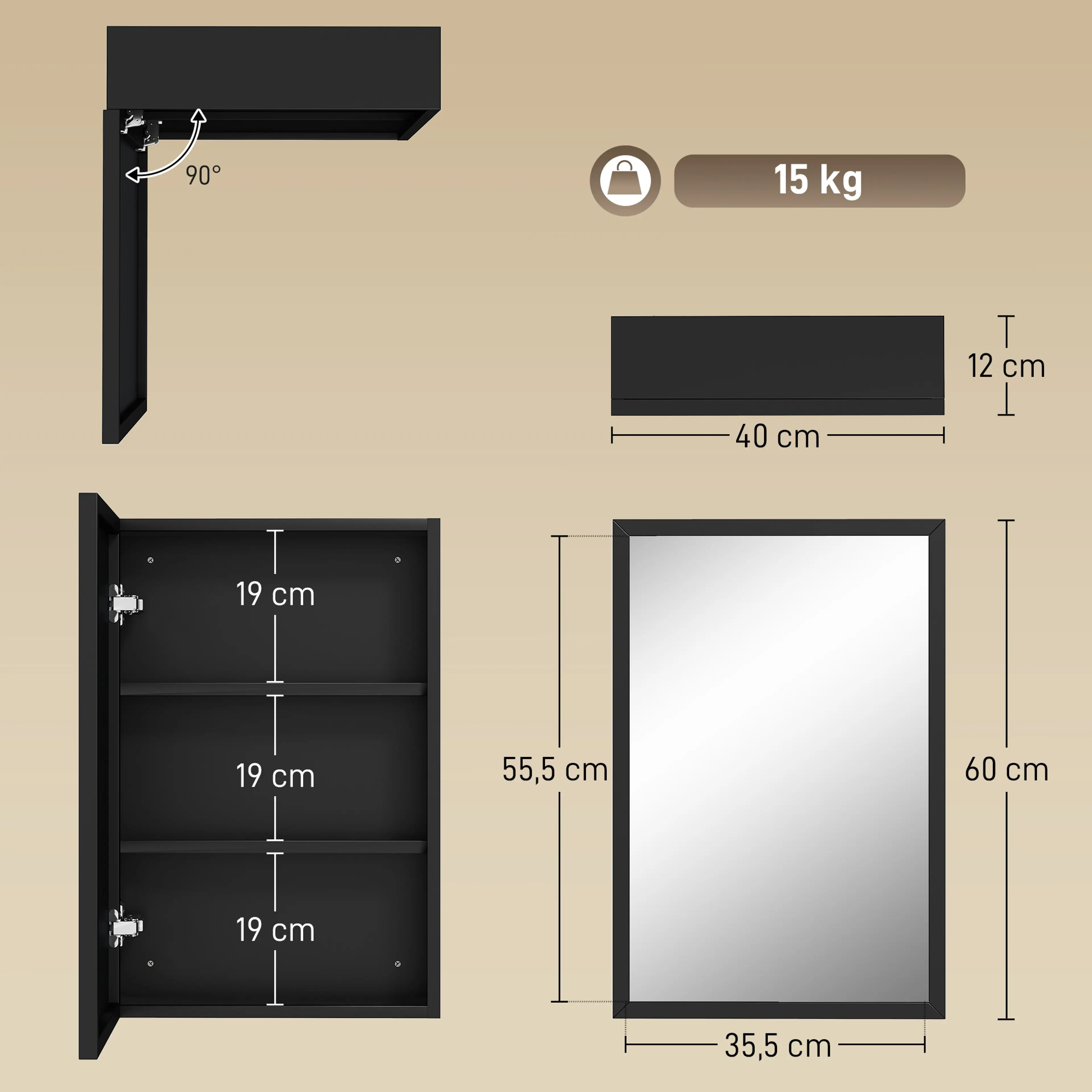 Spegelskåp 40 × 60 cm med ram – svart, färdigmonterat – bild 6