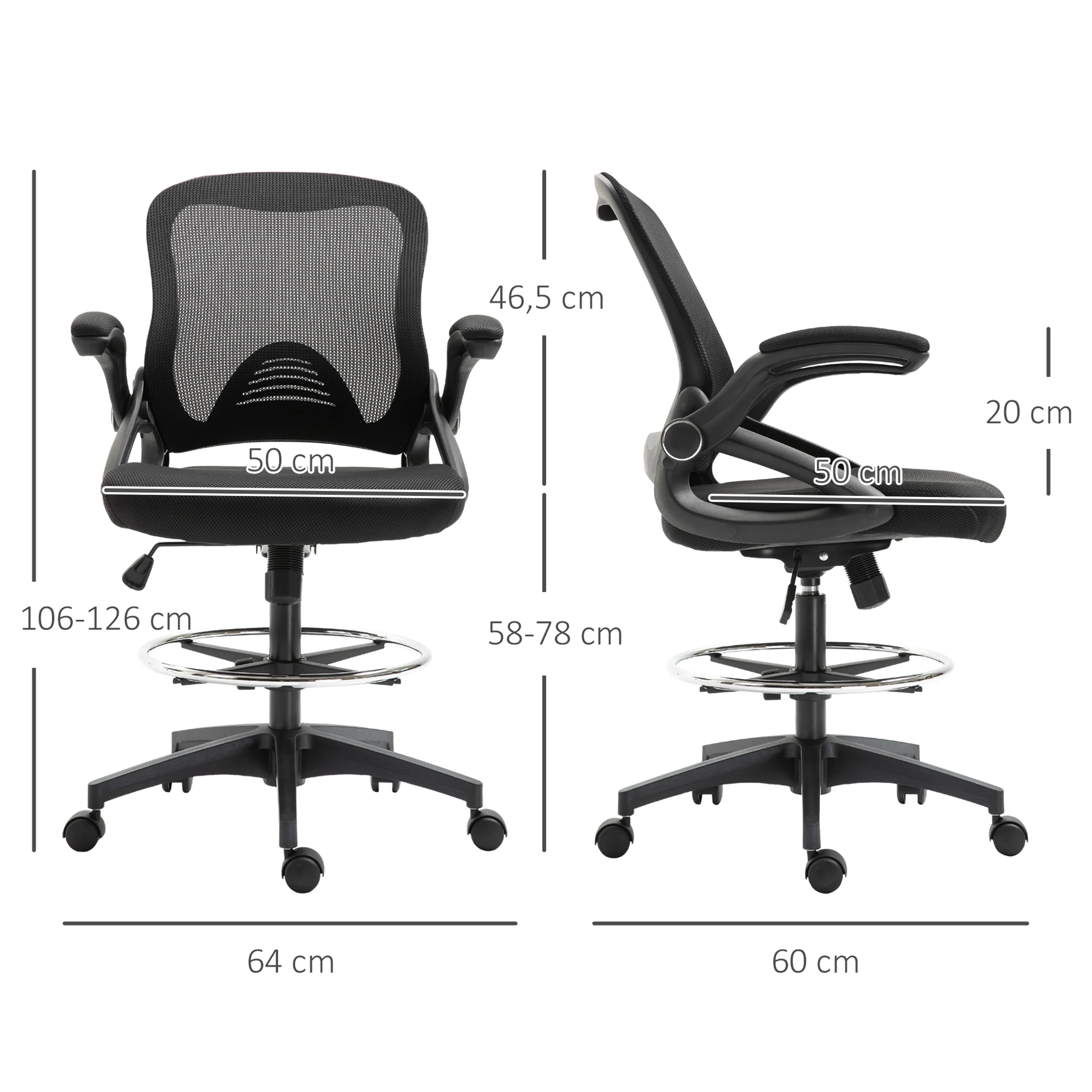 Måttbild: 64 × 60 cm, höjd 106–126 cm, sits 50 × 50 cm och sitthöjd 58–78 cm
