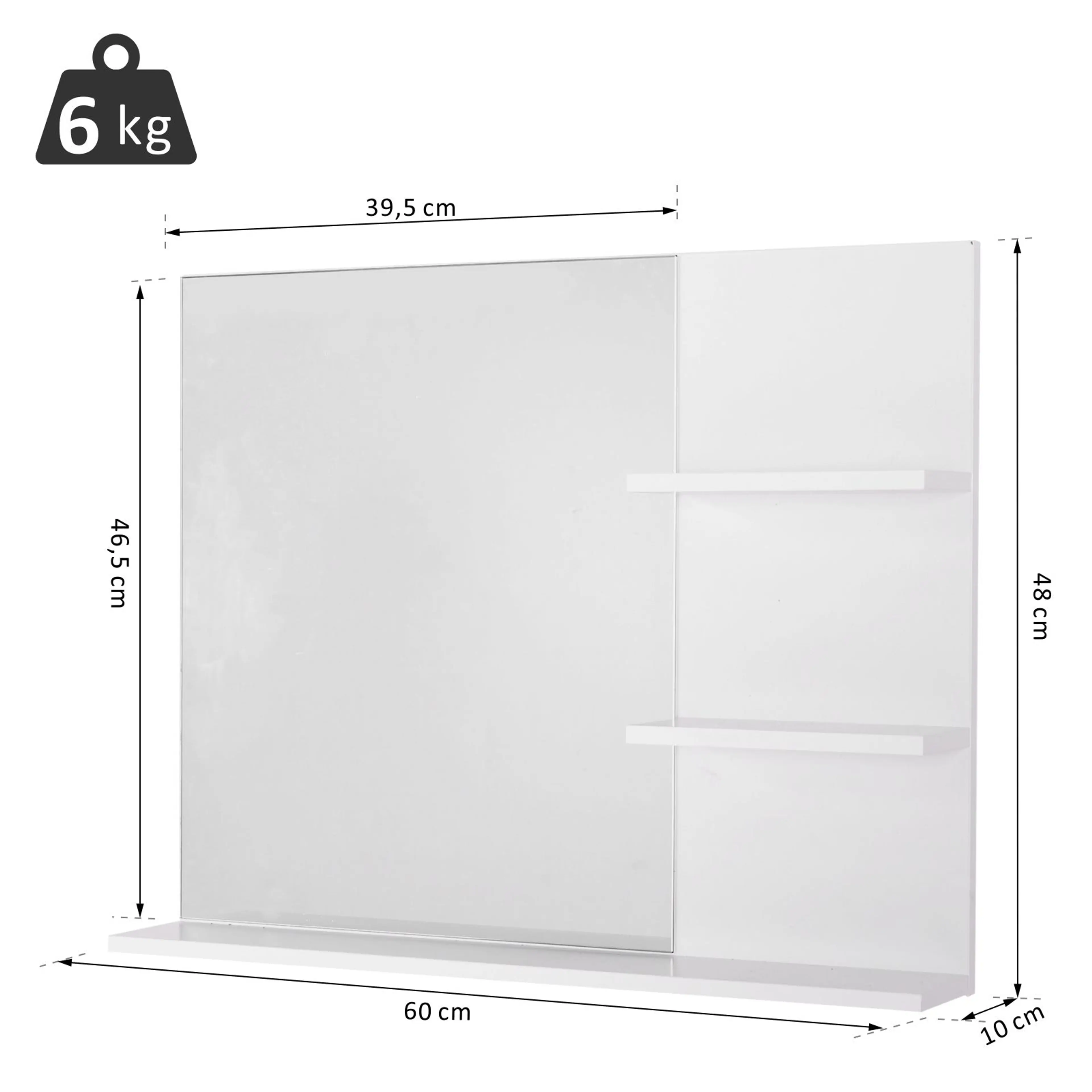 Måttbild: spegeln är 60 cm bred, 10 cm djup och 48 cm hög, med spegelglas 39,5 × 46,5 cm, och den bär 6 kg