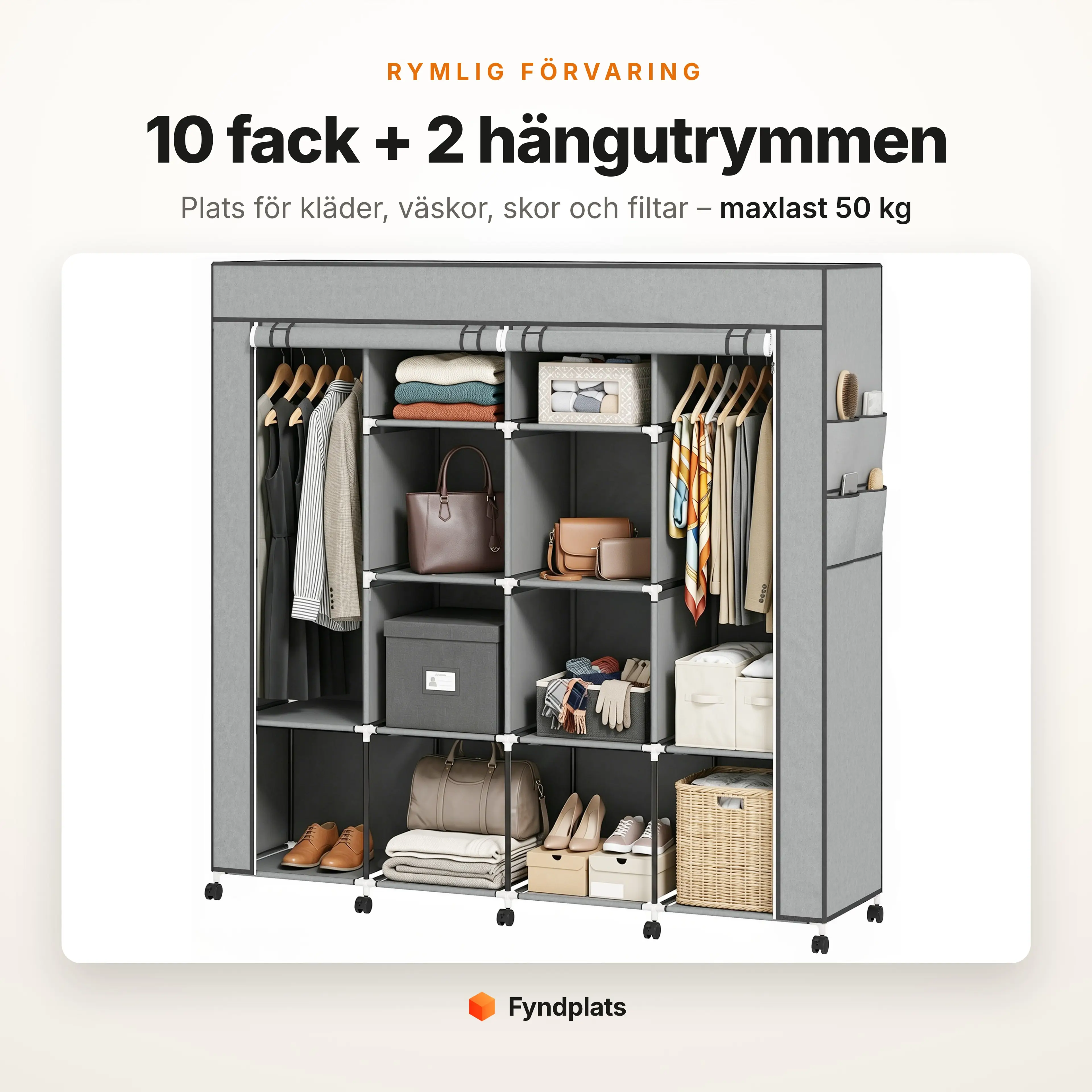 Fyndplats-kort: tyggarderobens 10 förvaringsfack och 2 hängutrymmen med plats för kläder och väskor