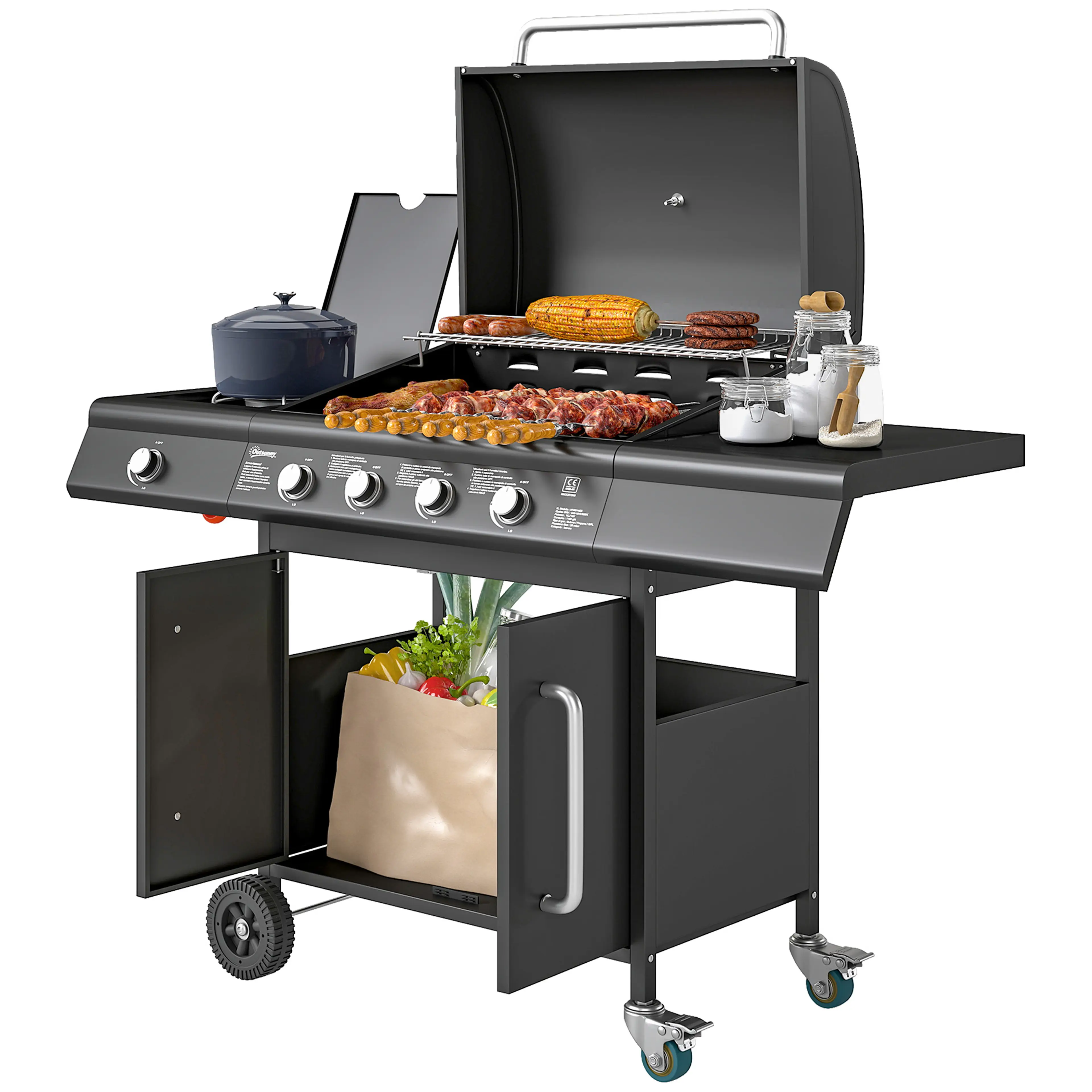 Gasolgrill med fyra huvudbrännare, sidobrännare, öppna skåpsdörrar och fyra hjul