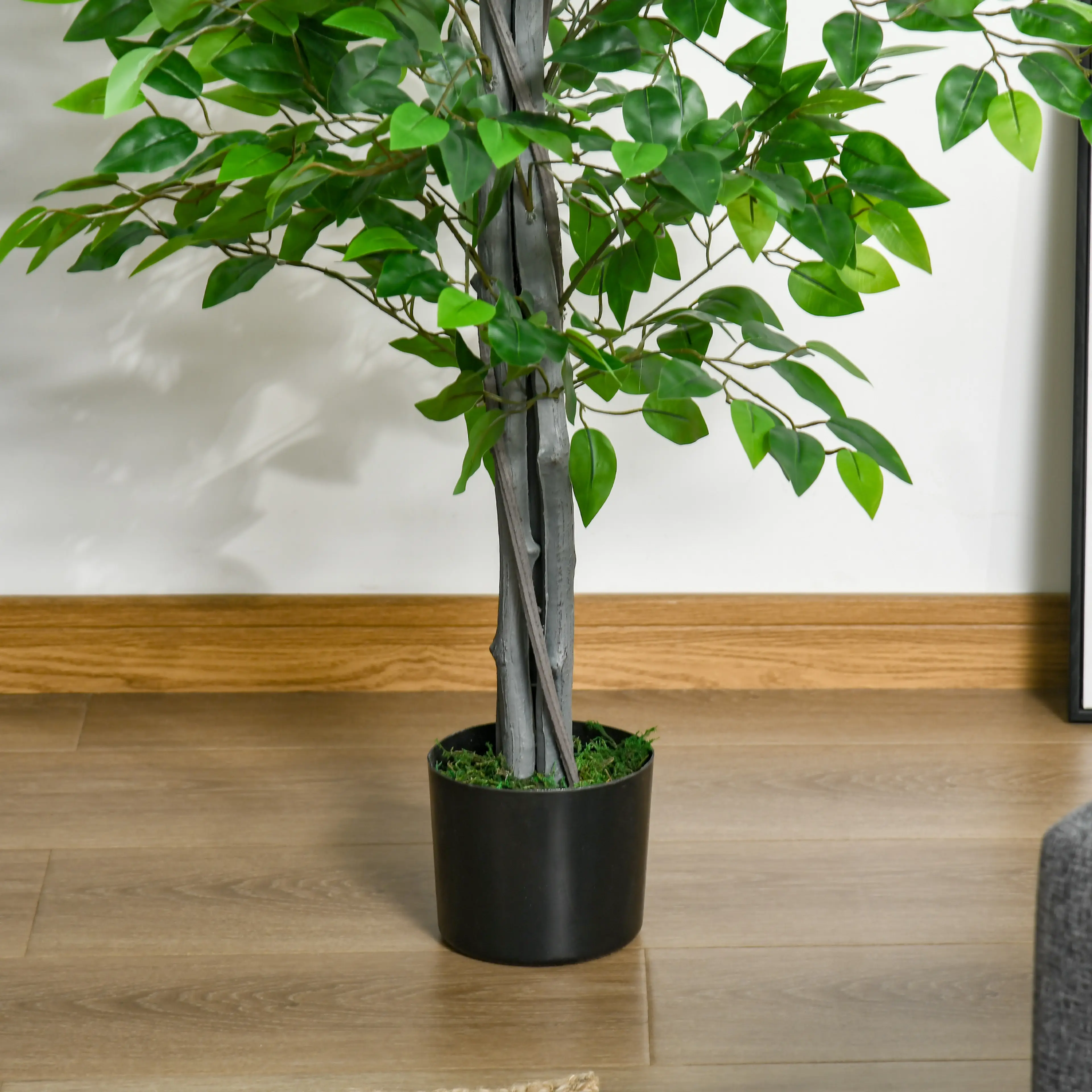 Ficusens stam och kruka med konstgjort gräs, på ett trägolv