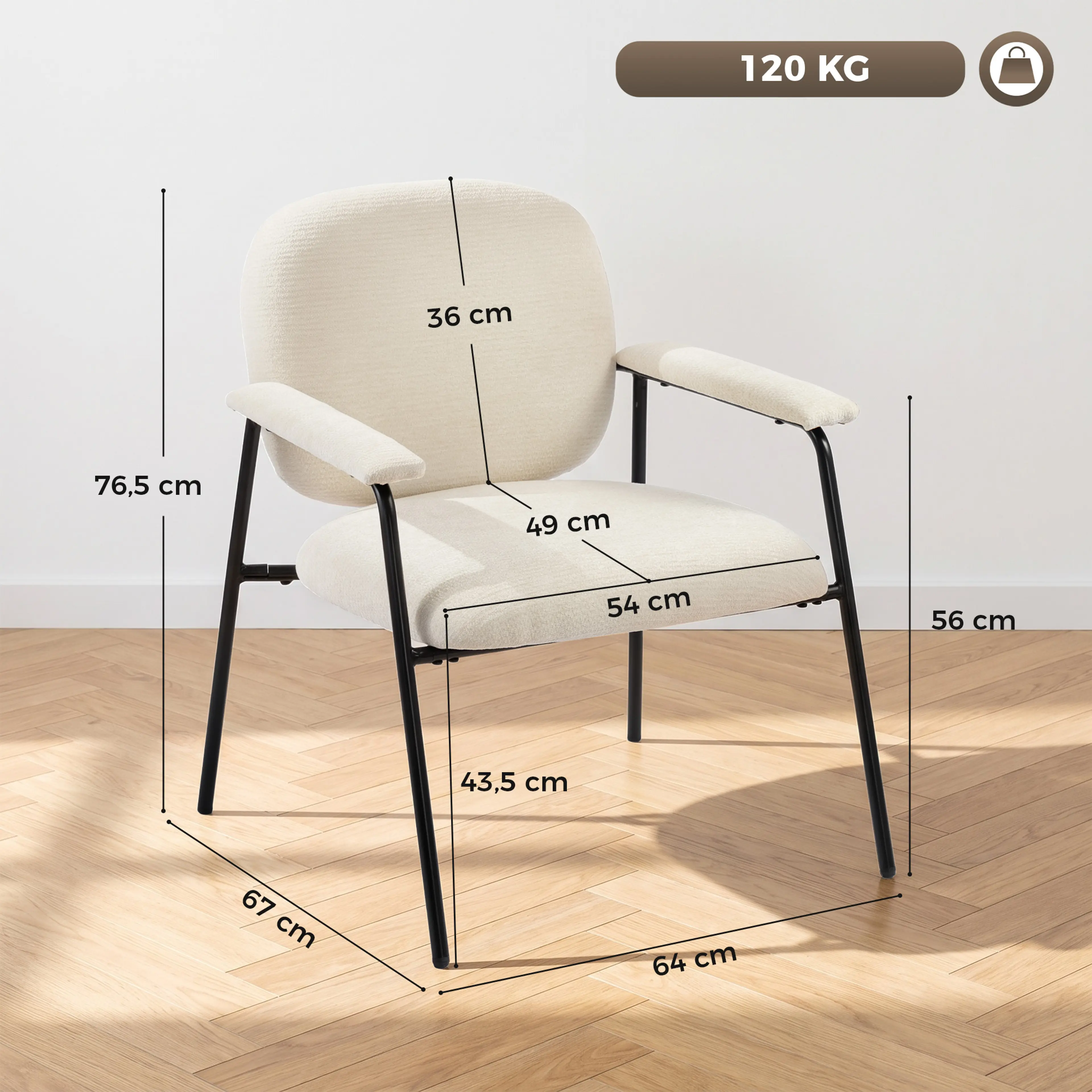 Måttbild: fåtöljen är 64 cm bred, 67 cm djup och 76,5 cm hög med 43,5 cm sitthöjd, och tål 120 kg