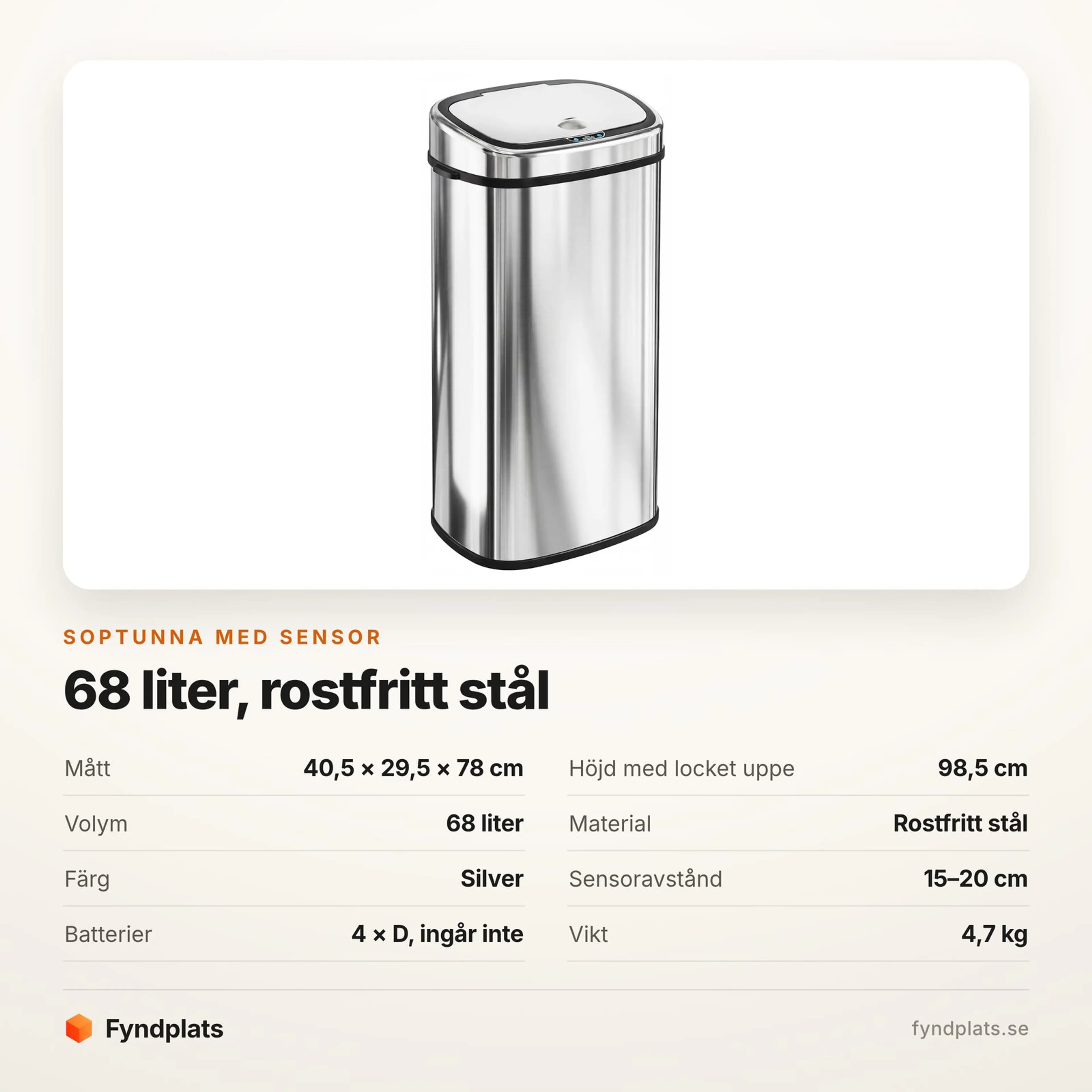 Spec-kort med mått, volym, sensoravstånd och batterityp för sensortunnan