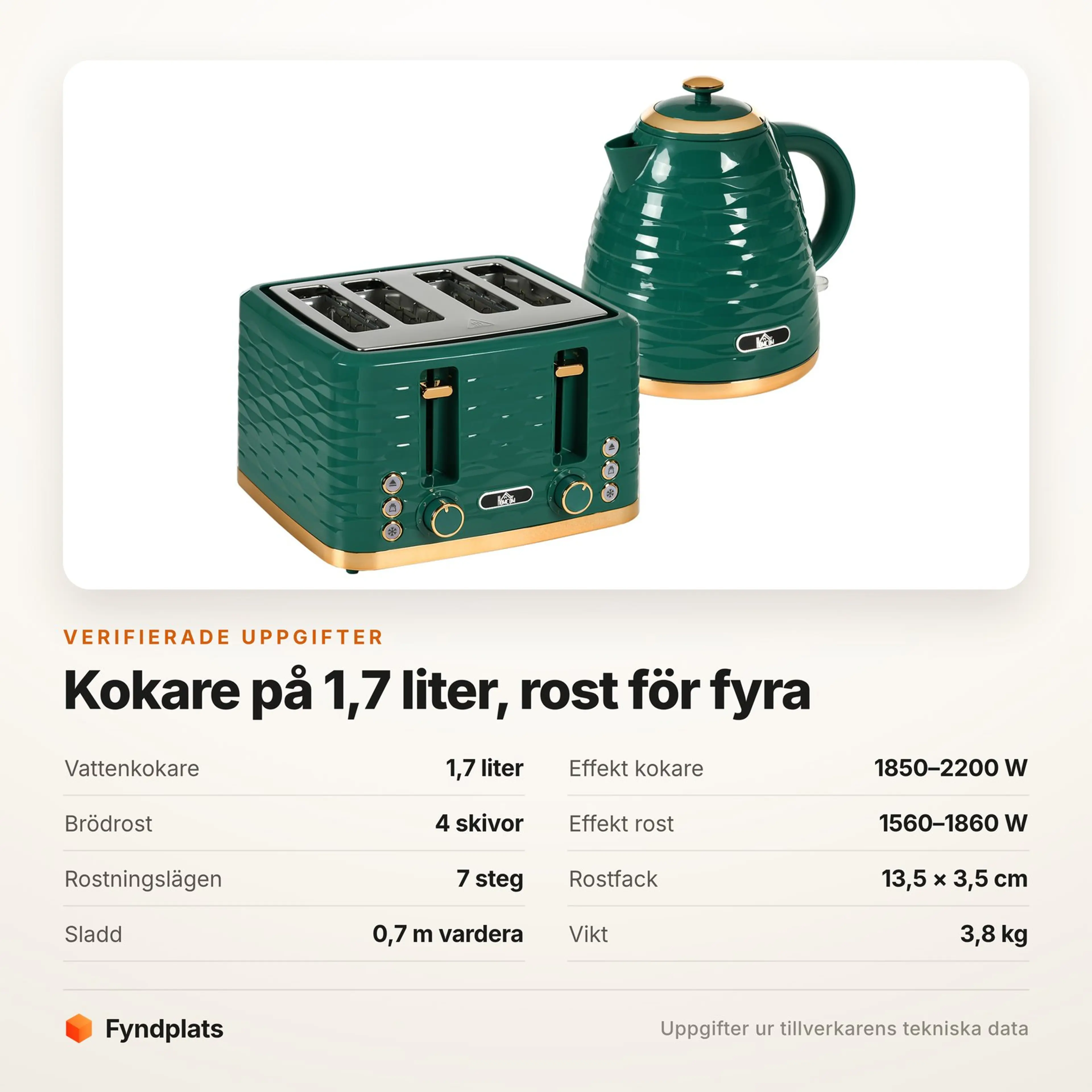 Specifikationer för frukostsetet: volym, effekt, rostfack och vikt