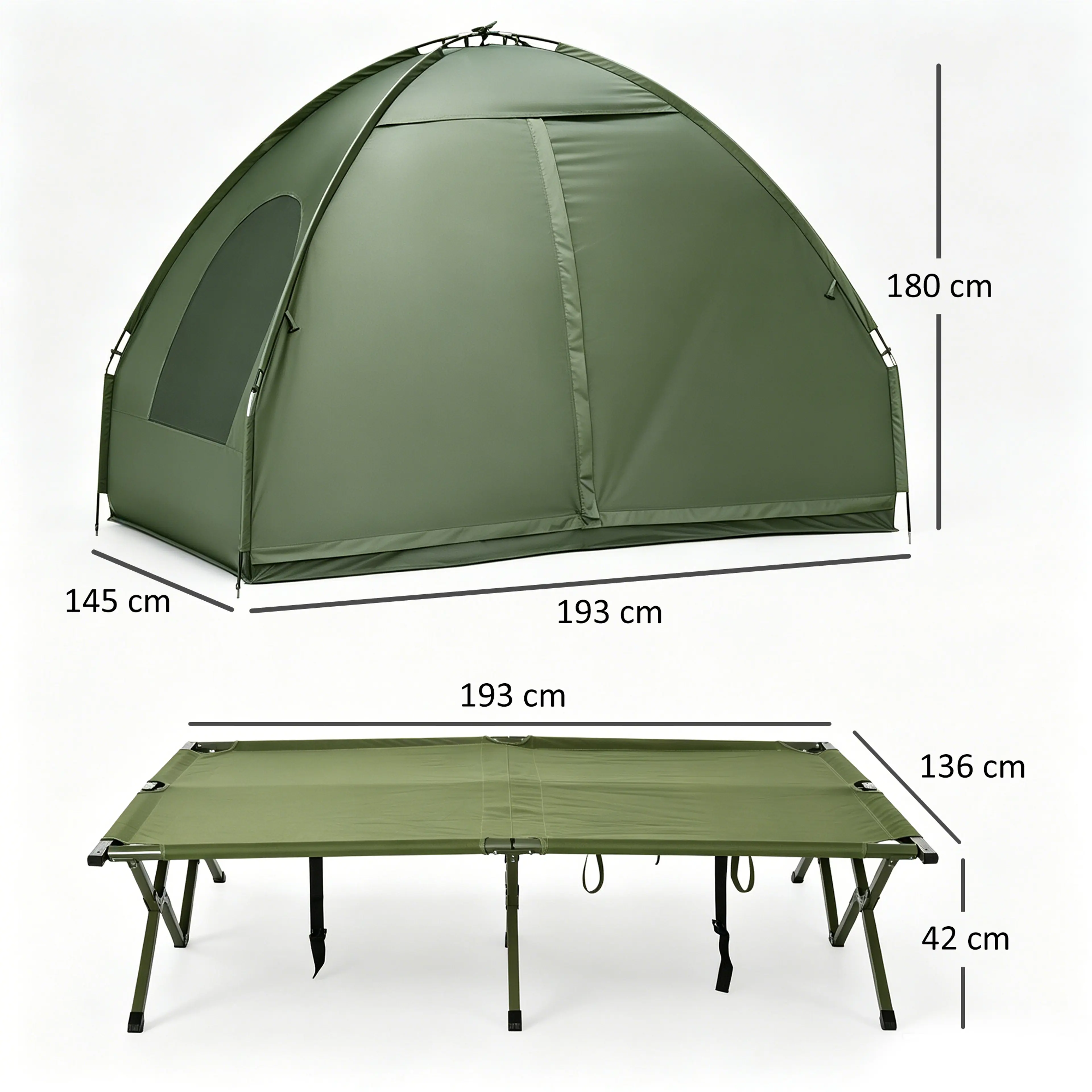 Måttskiss: tält 193 × 145 × 180 cm och brits 193 × 136 × 42 cm