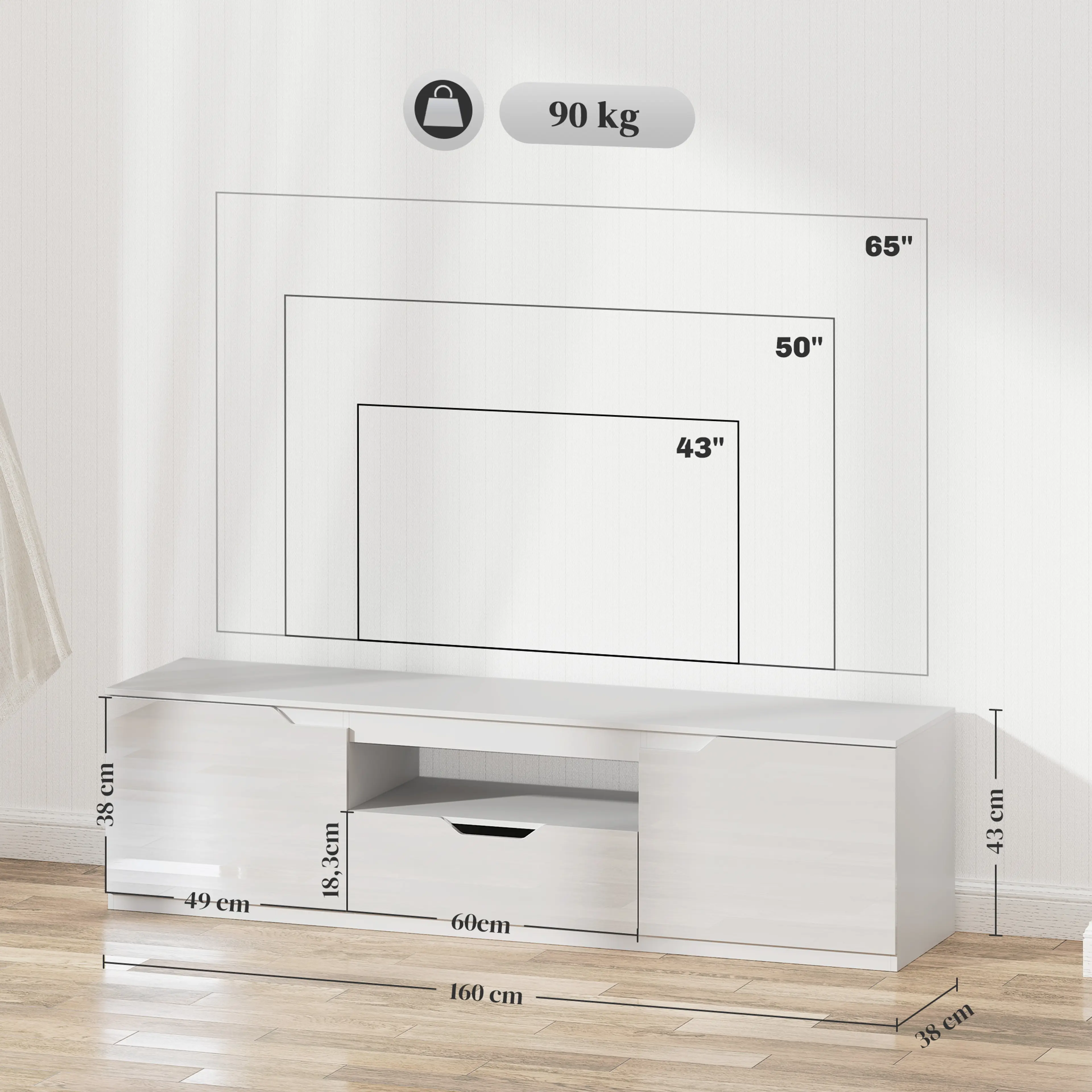 TV-bänk 160 cm i högglans vit – bild 4