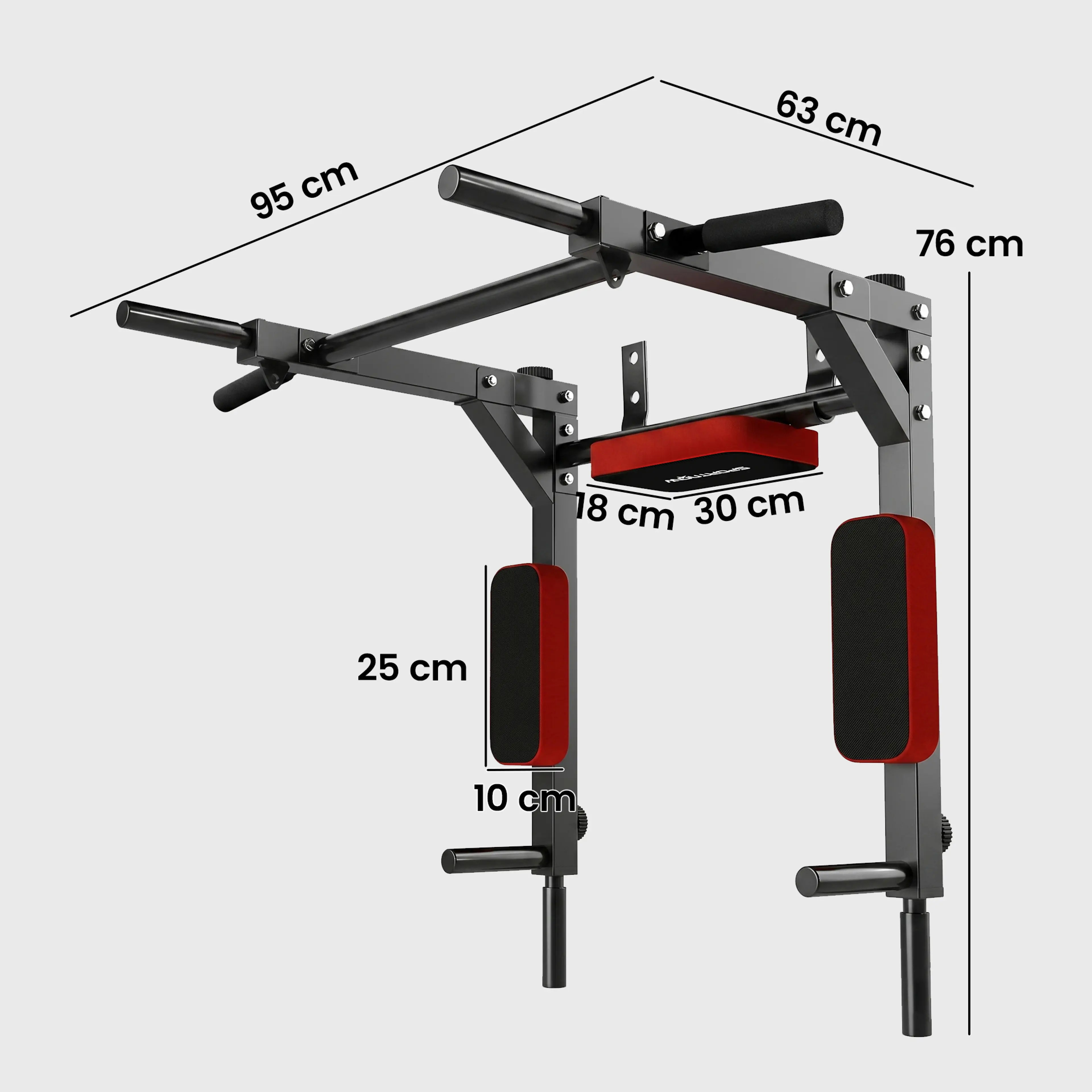 Måttskiss för chinsstång vägg: 95 cm bred, 63 cm djup och 76 cm hög