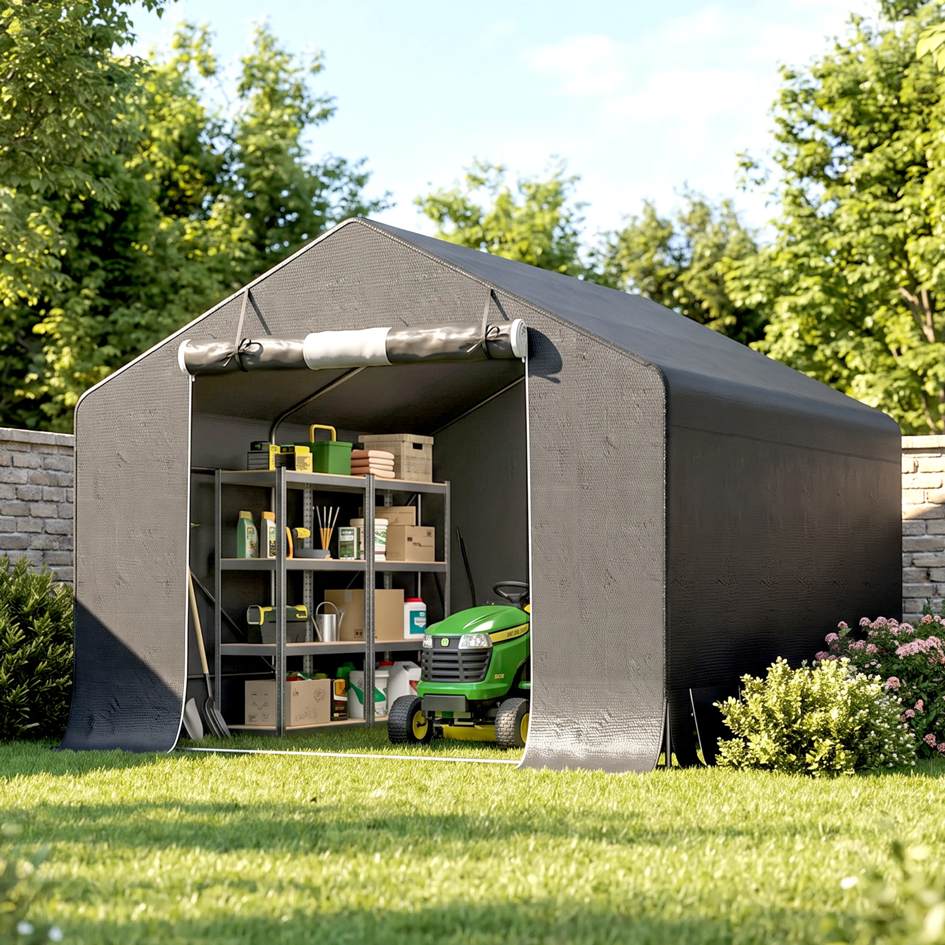 Garagetält vid tegelvägg med hyllställ och grön åkgräsklippare inne
