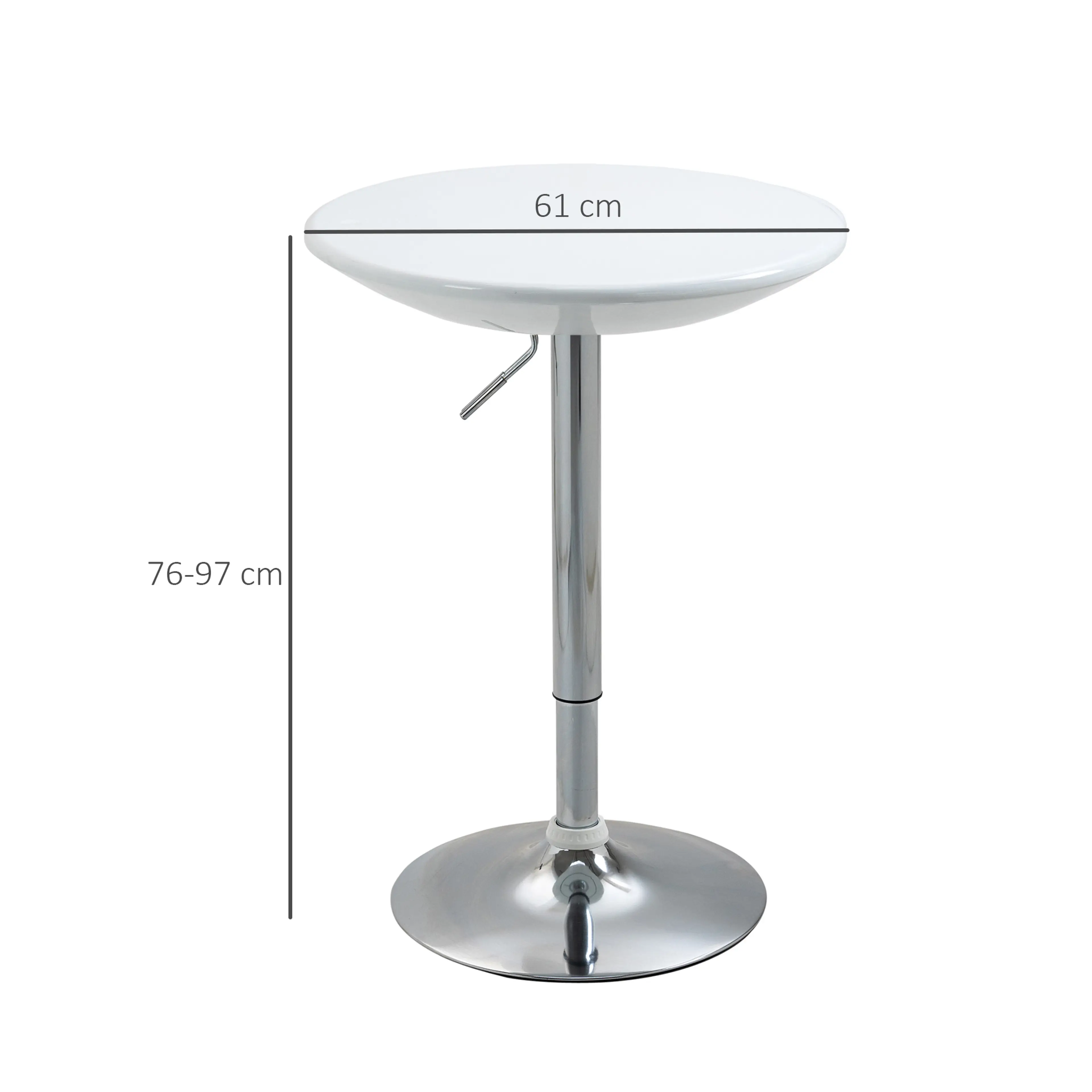 Måttritning av det runda barbordet med skivans diameter och höjden 76–97 cm
