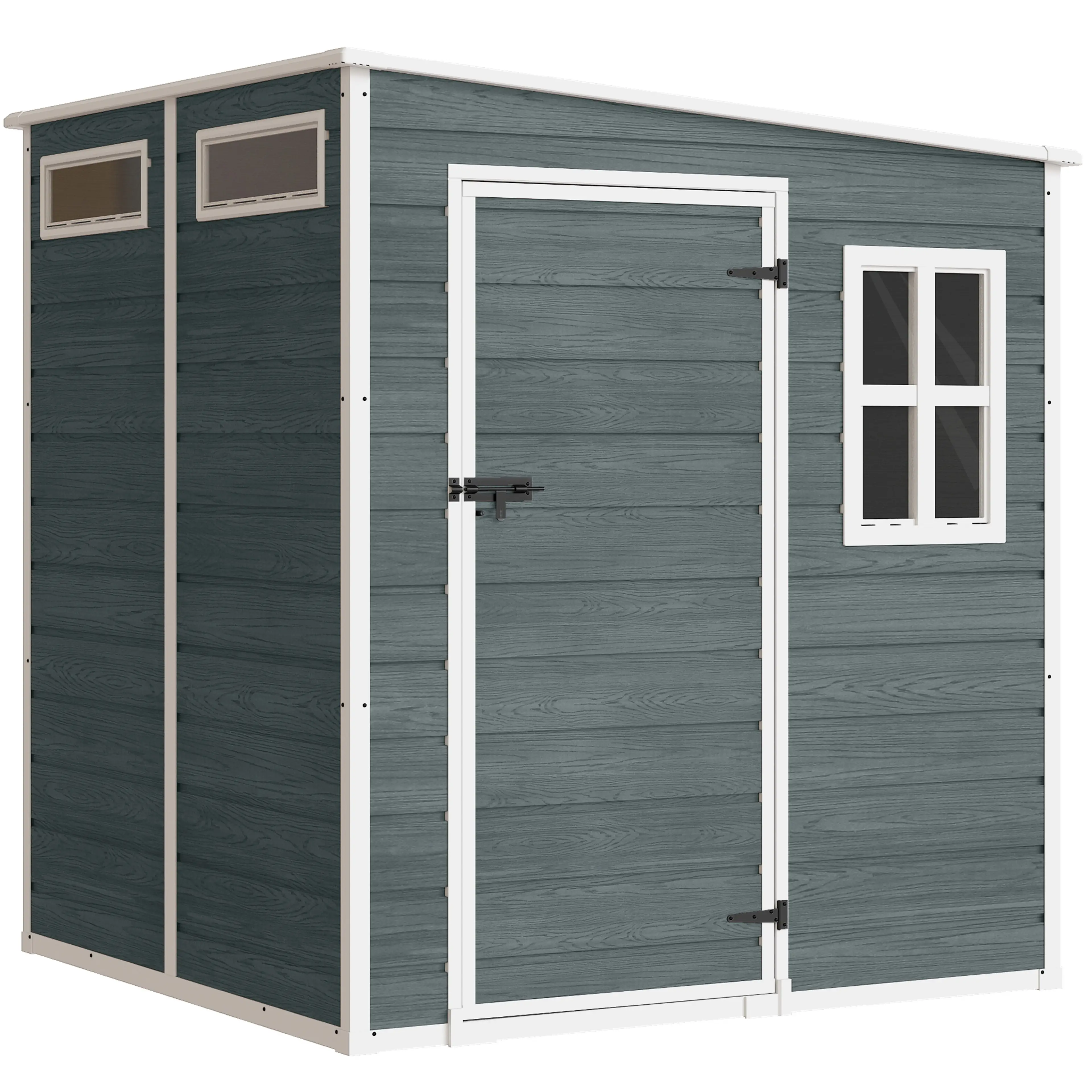 Plastbod med enkeldörr 182 cm – 2,89 m², pulpettak och tre fönster