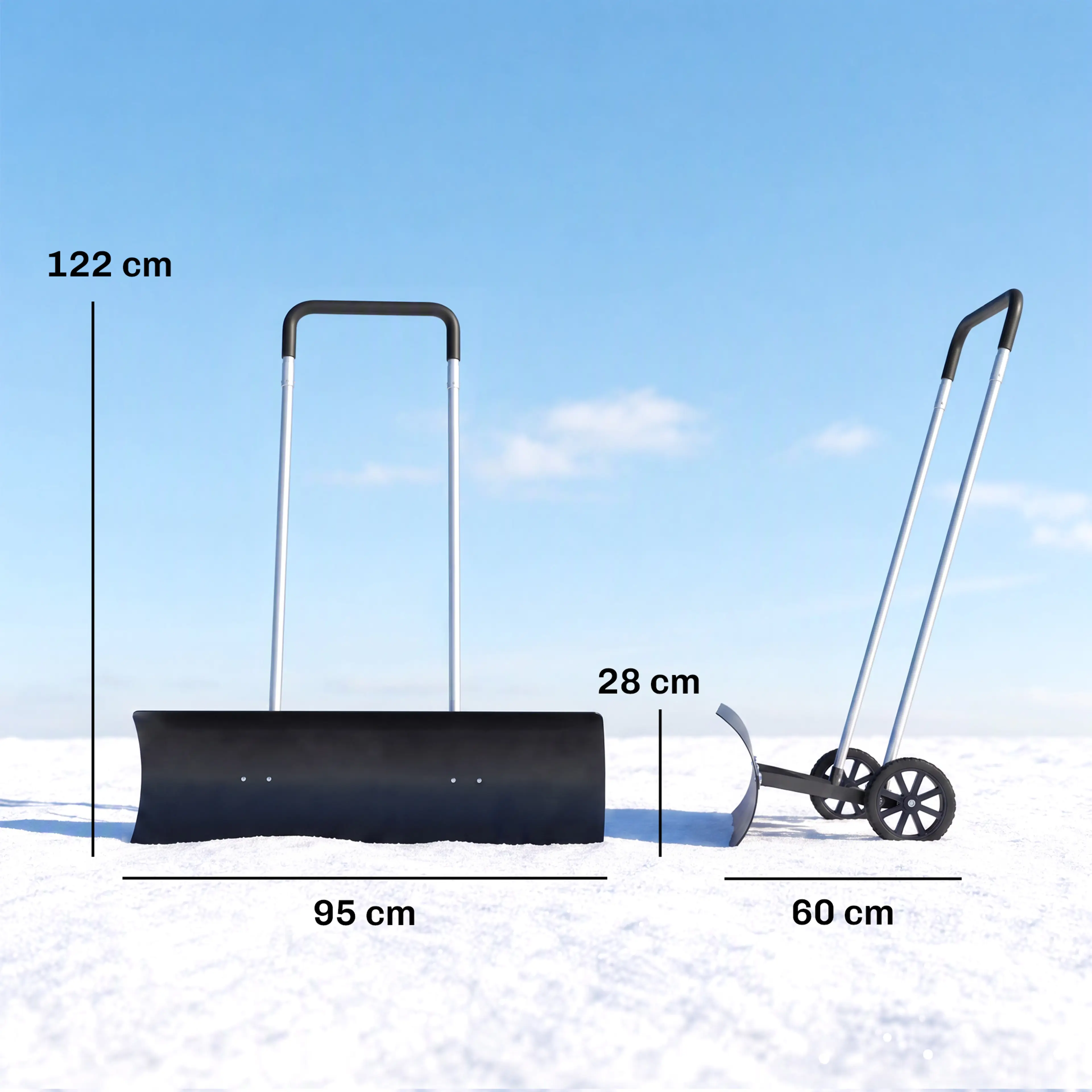 Måttbild: snöskyffeln är 95 cm bred, 60 cm djup och 122 cm hög, med ett 28 cm högt blad