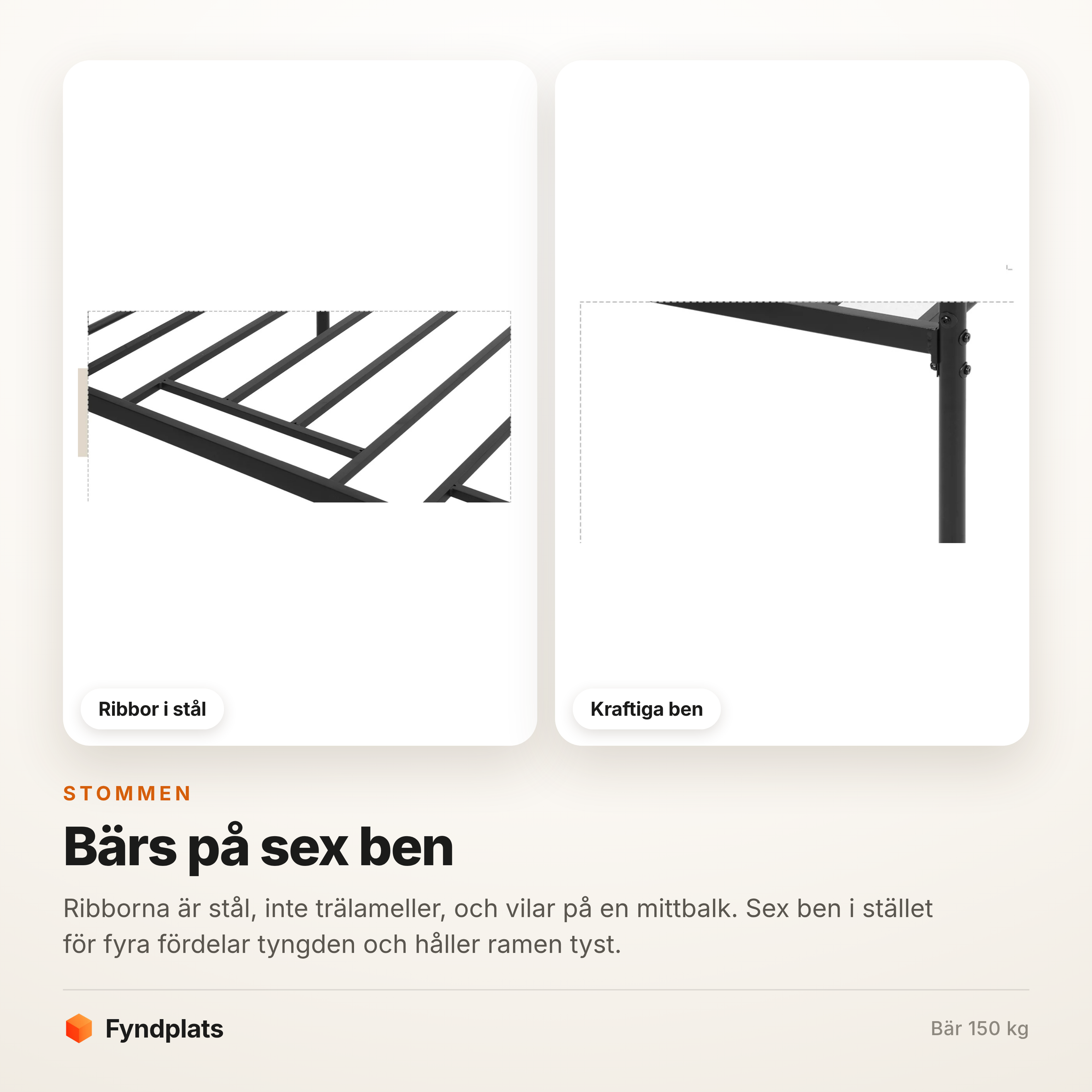 Sängramens ribbor i stål och ett av de sex benen