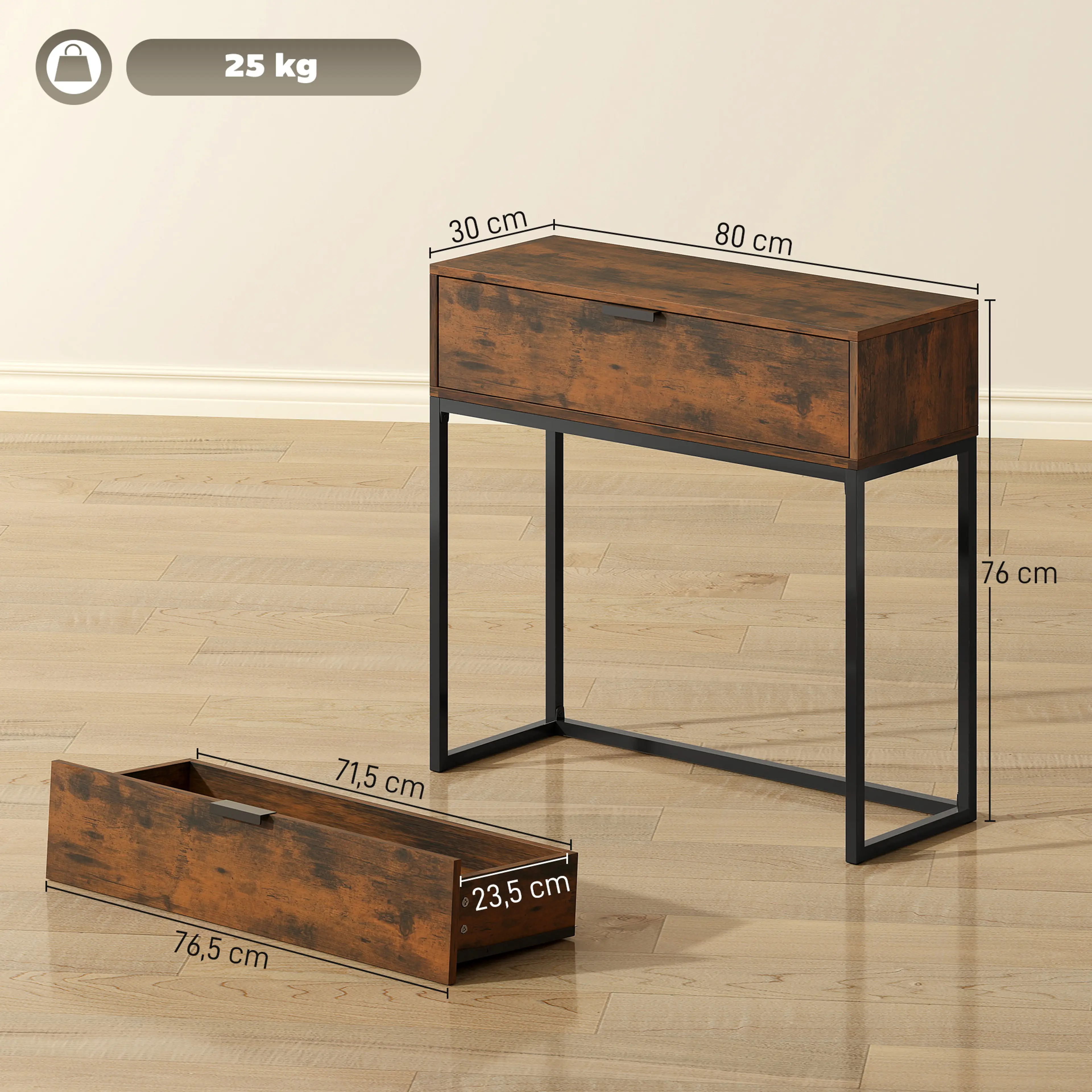 Konsolbord med låda 80 cm, rustik brun – bild 4
