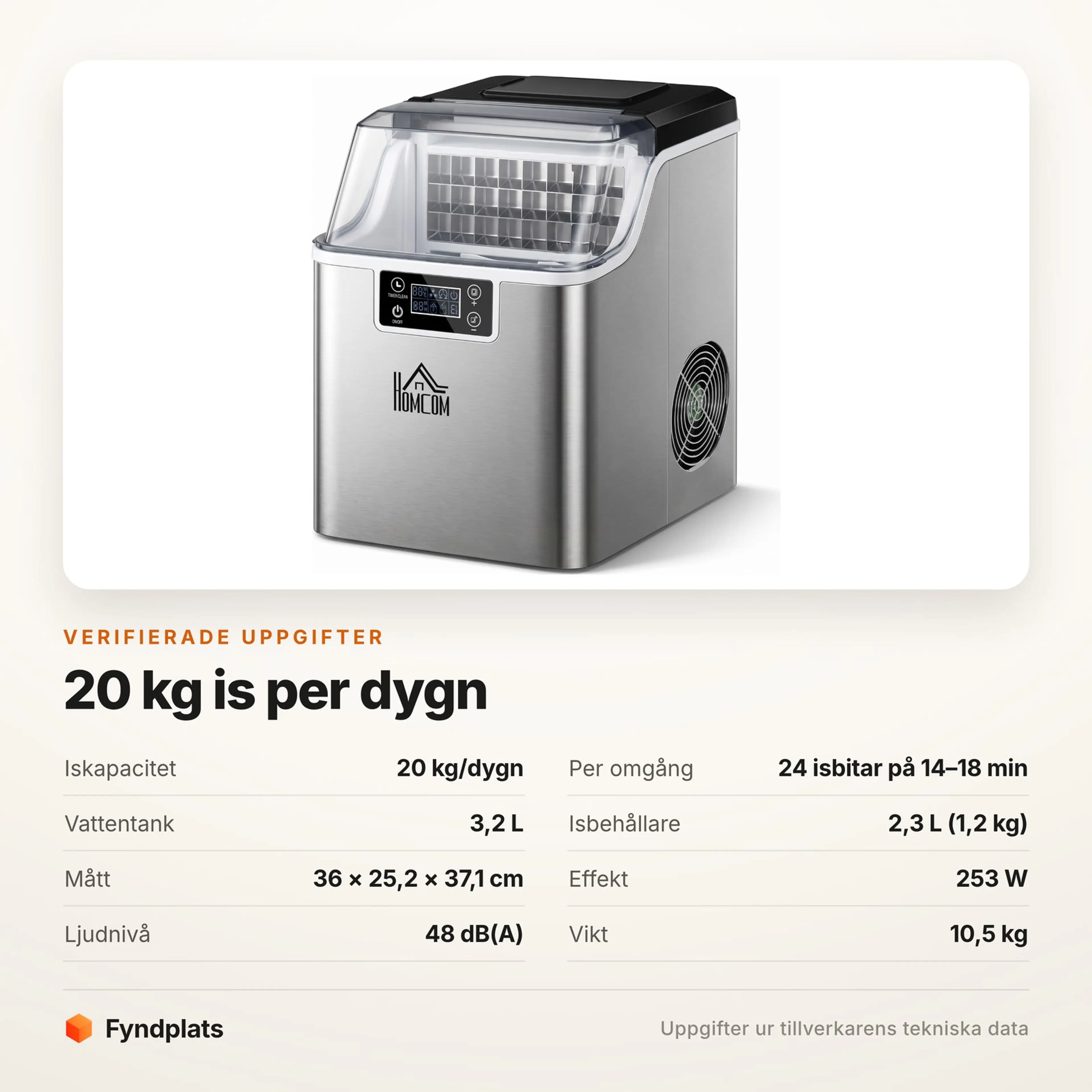 Specifikationer för isbitsmaskinen: 20 kg is per dygn, 3,2 liters vattentank och mått 36 × 25,2 × 37,1 cm