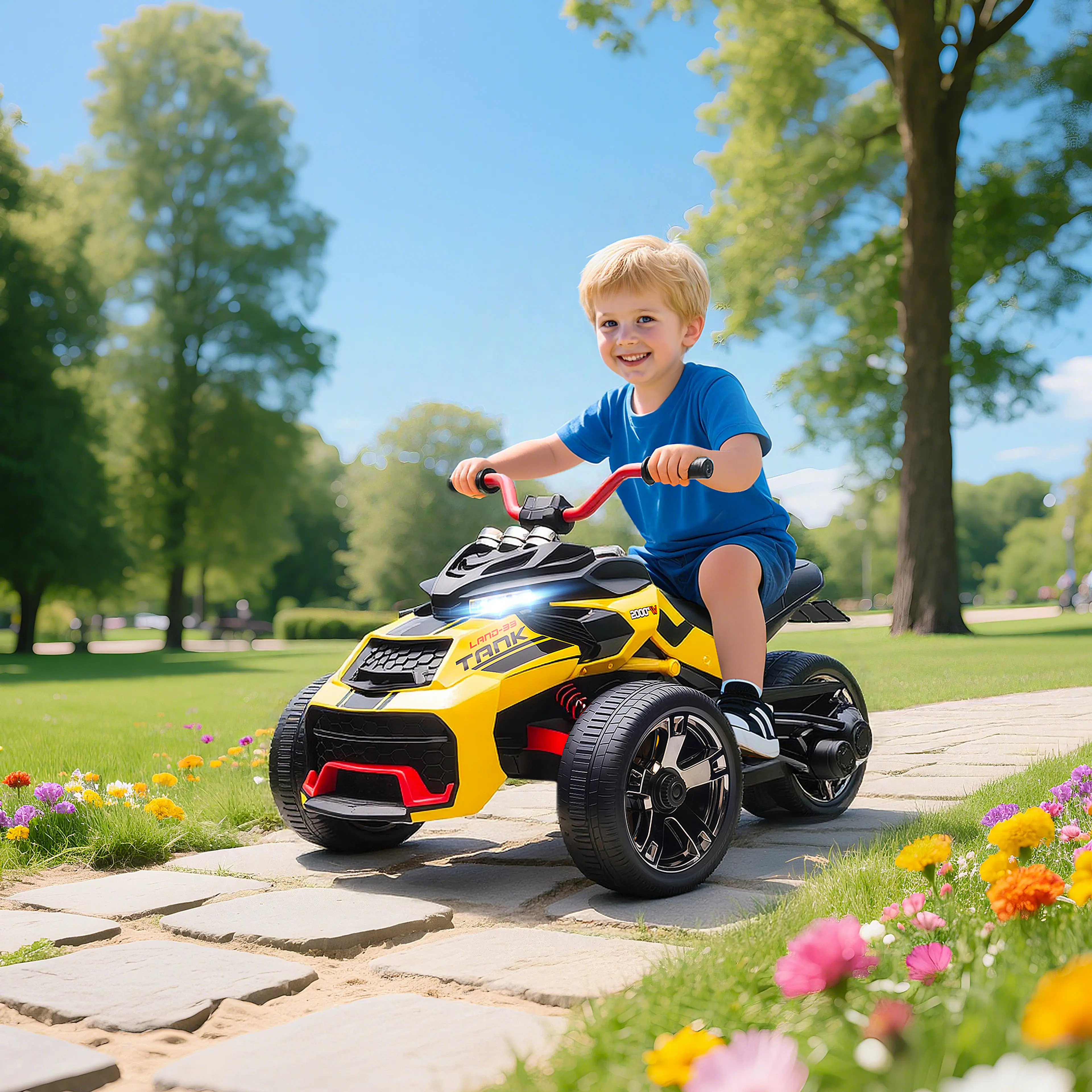 Ett barn kör det gula elfordonet på en stenlagd gång i parken
