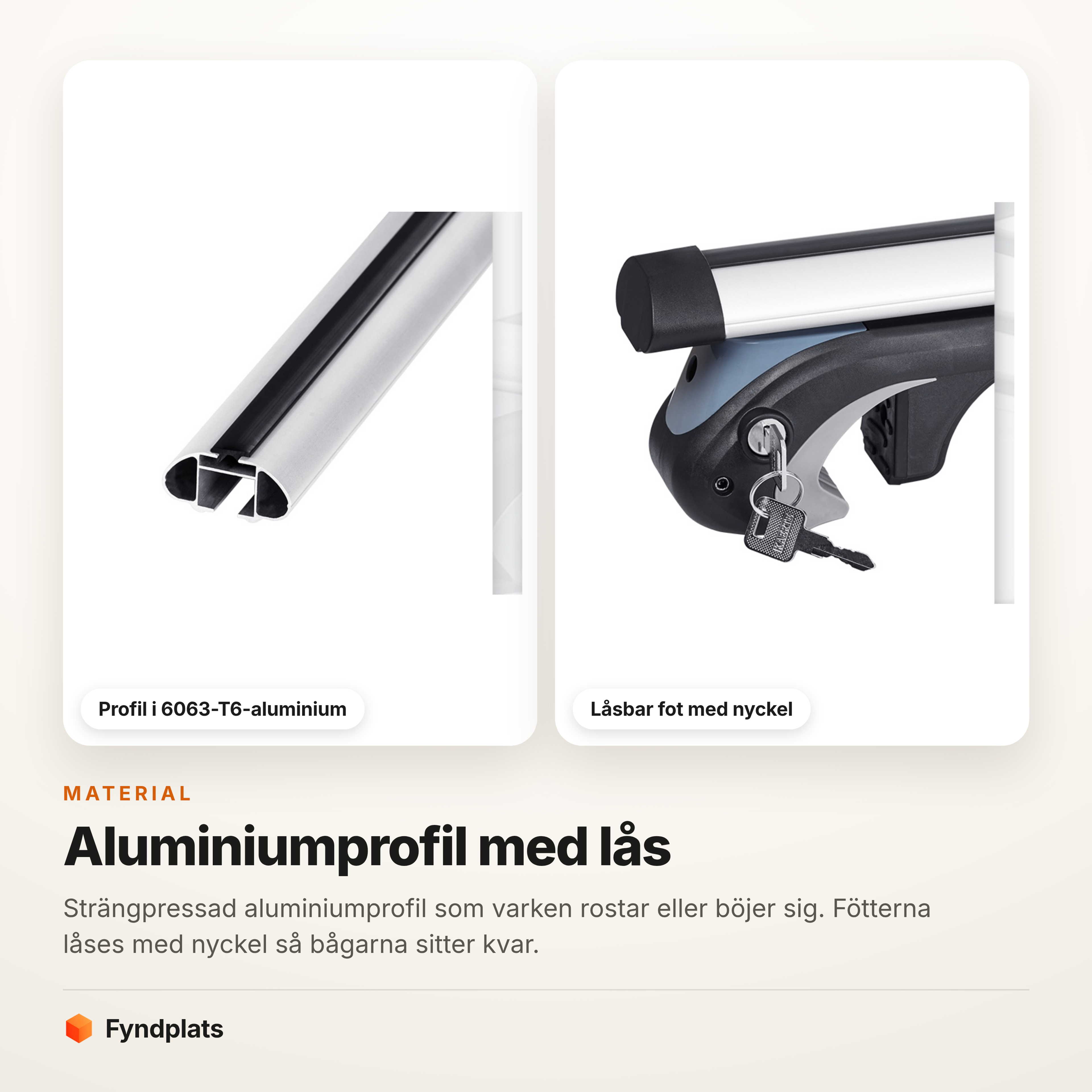 Aluminiumprofilen i genomskärning och monteringsfoten med nyckellås