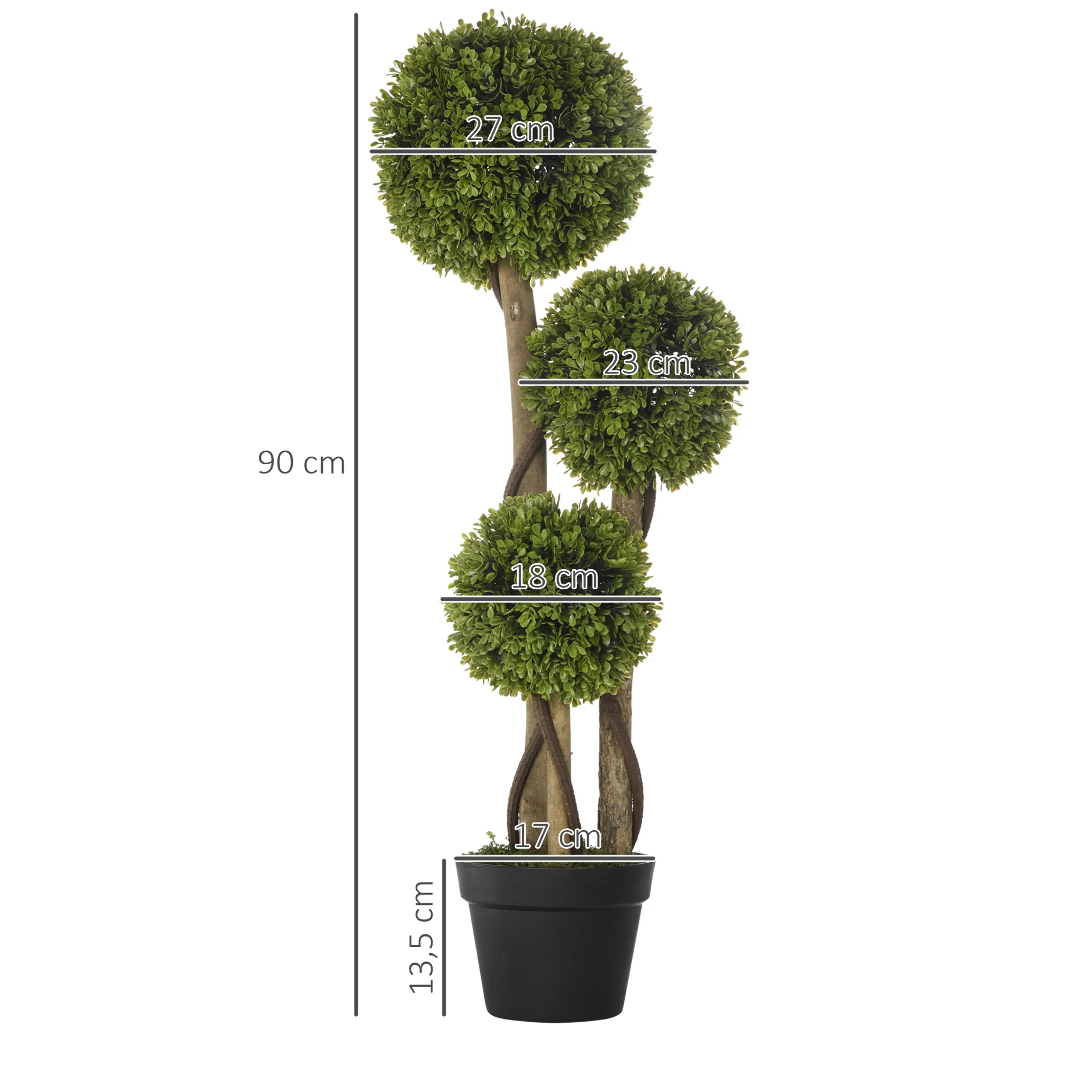 Måttbild som visar trädet 90 cm högt med kloten Ø27, Ø23 och Ø18 cm och krukan 17 × 13,5 cm