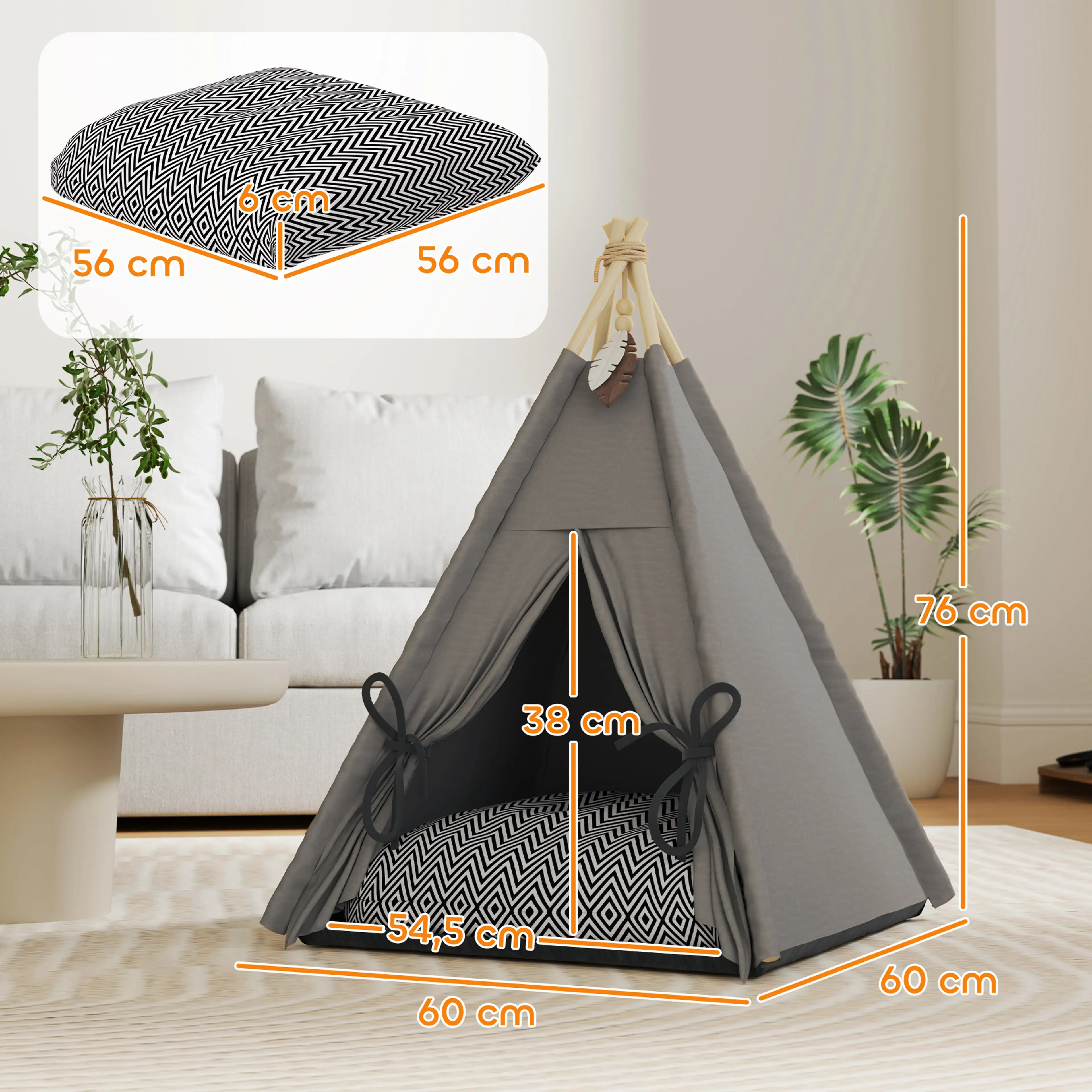 Måttbild med tältets mått 60, 60 och 76 cm, ingången och dynan