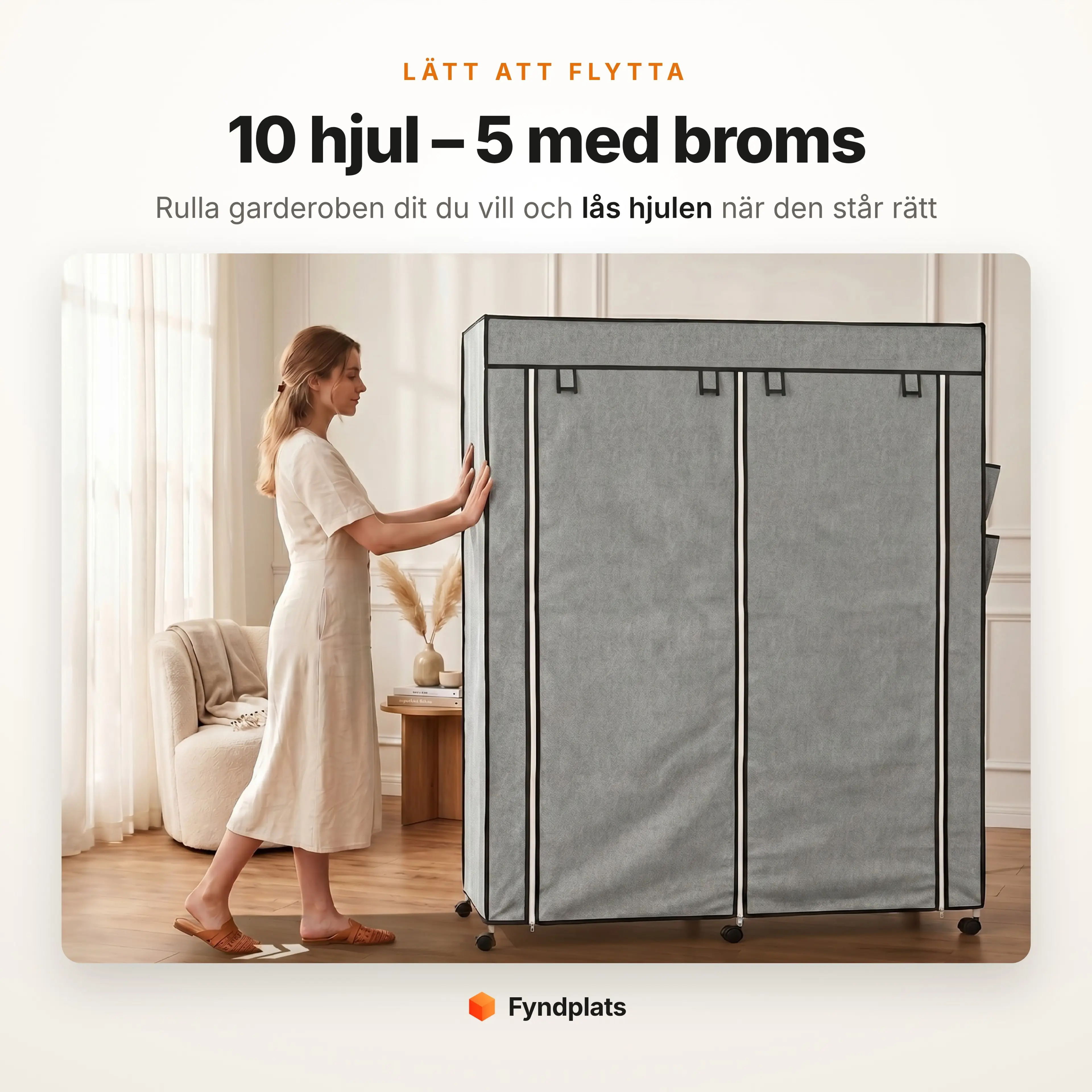 Fyndplats-kort: kvinna rullar tyggarderoben på plats – 10 hjul varav 5 med broms