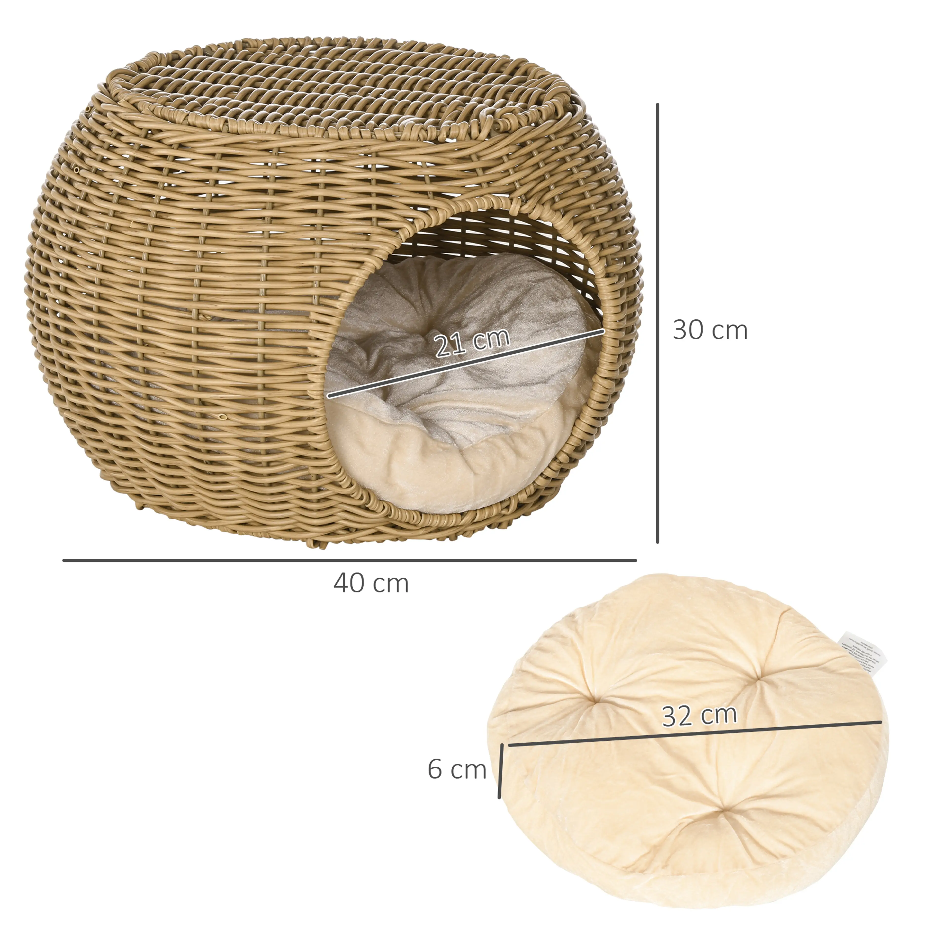 Måttritning av kattkorgen: diameter 40 cm, höjd 30 cm och kudde på 32 cm