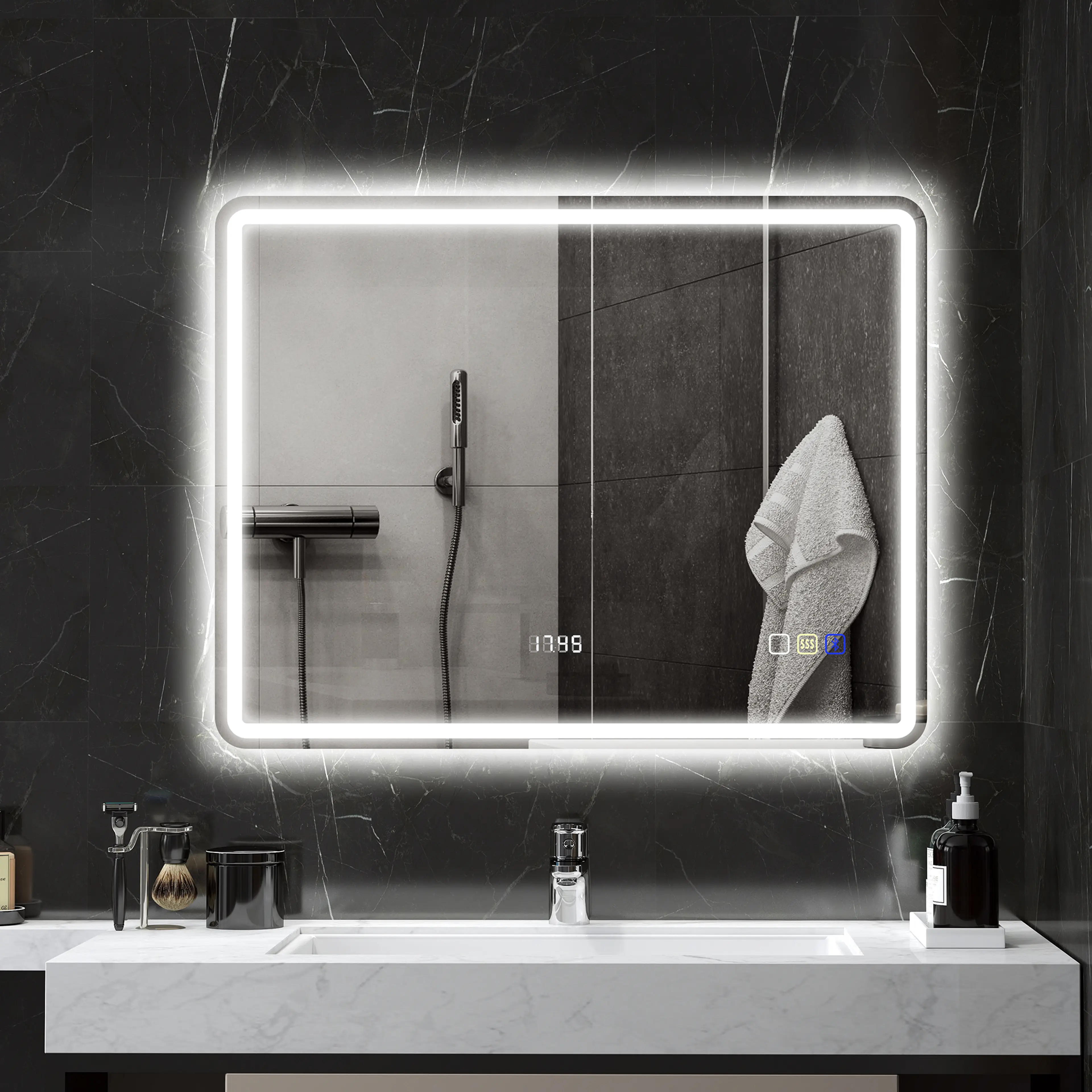 Badrumsspegel LED 90 × 70 cm med Bluetooth och klocka – bild 2