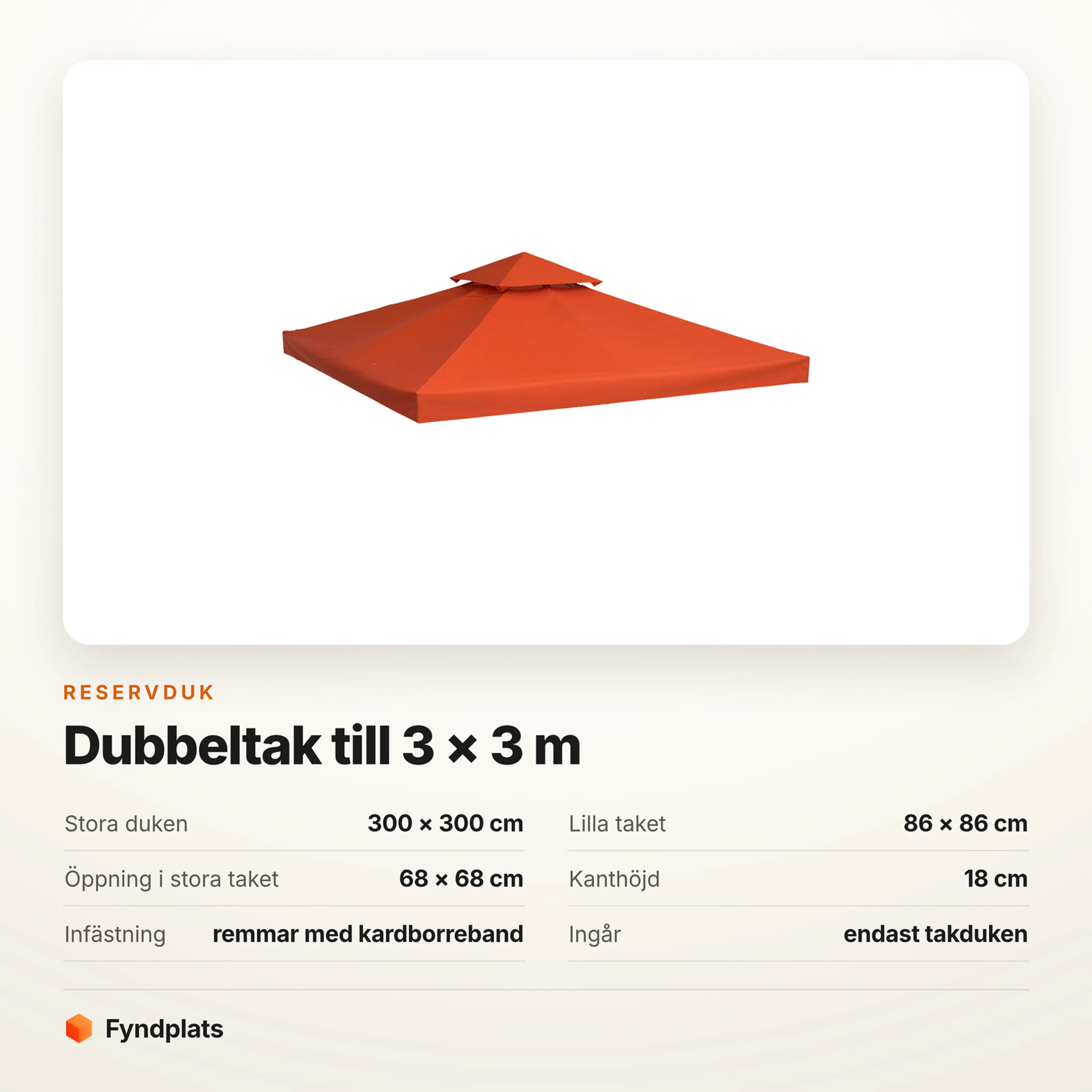 Faktakort: stora duken 300 × 300 cm, litet tak 86 × 86 cm, öppning 68 × 68 cm och kanthöjd 18 cm