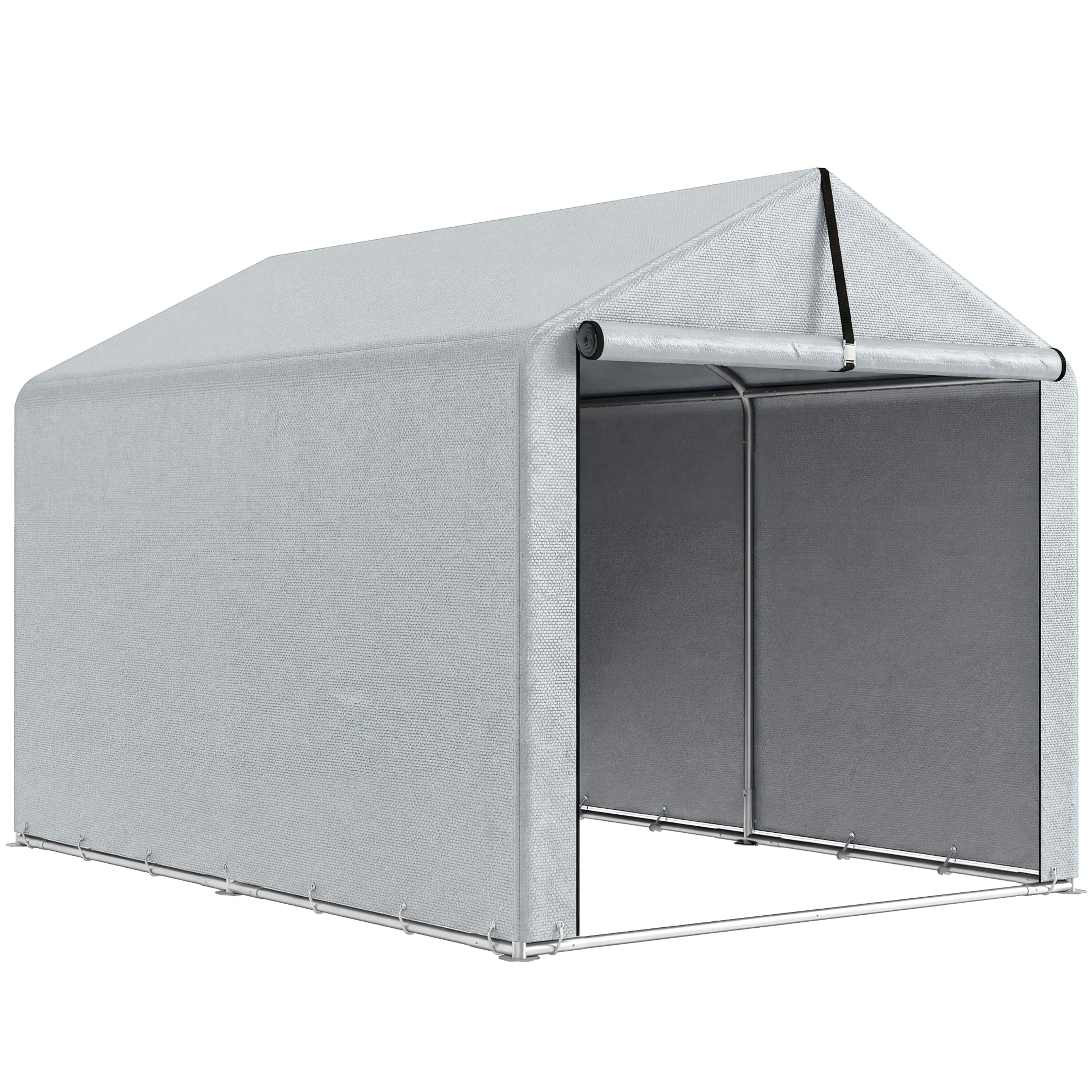 Ljusgrått garagetält 162 × 221,5 cm med dörren upprullad i toppen