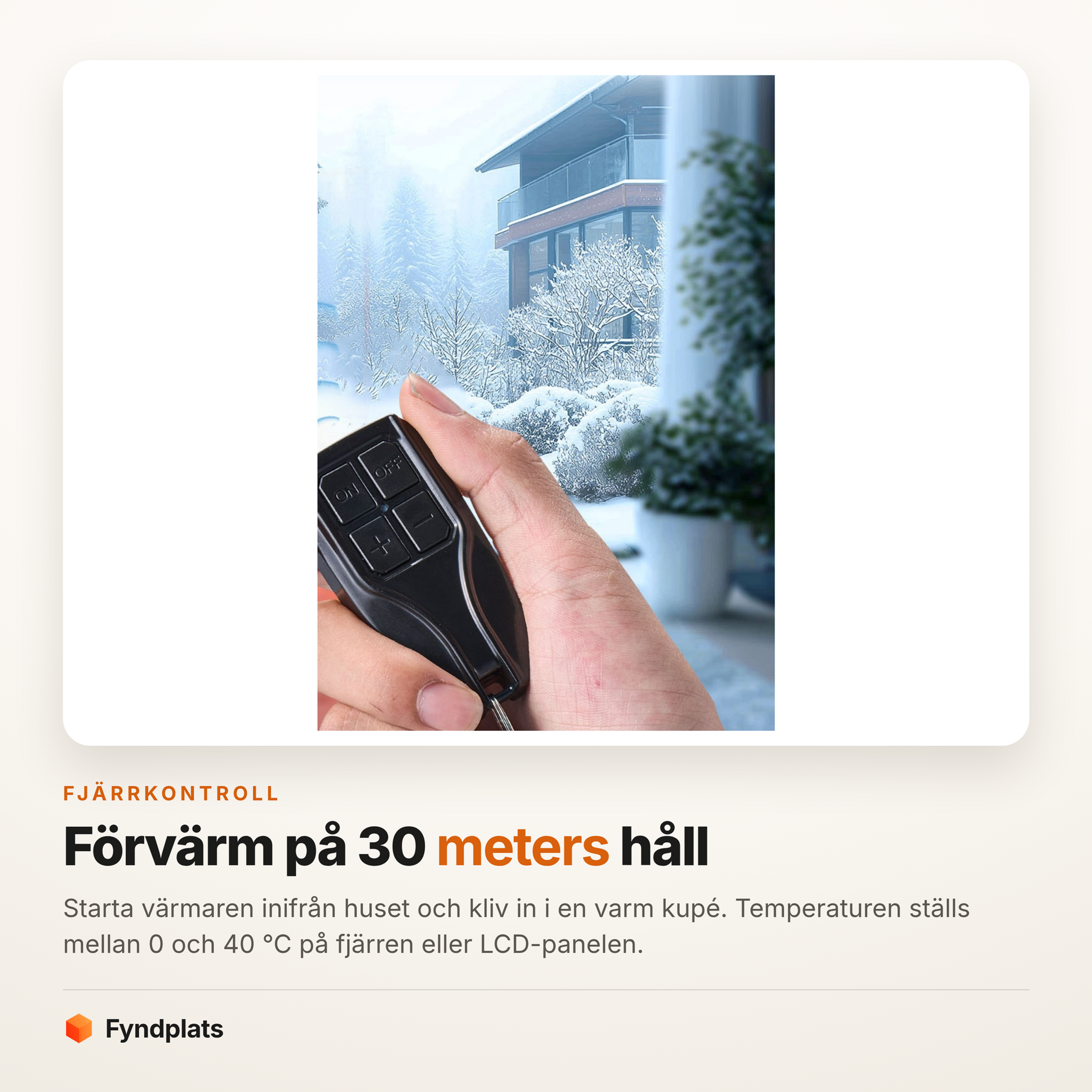 Hand som startar dieselvärmaren med fjärrkontrollen på 30 meters håll, husbil i snön utanför fönstret