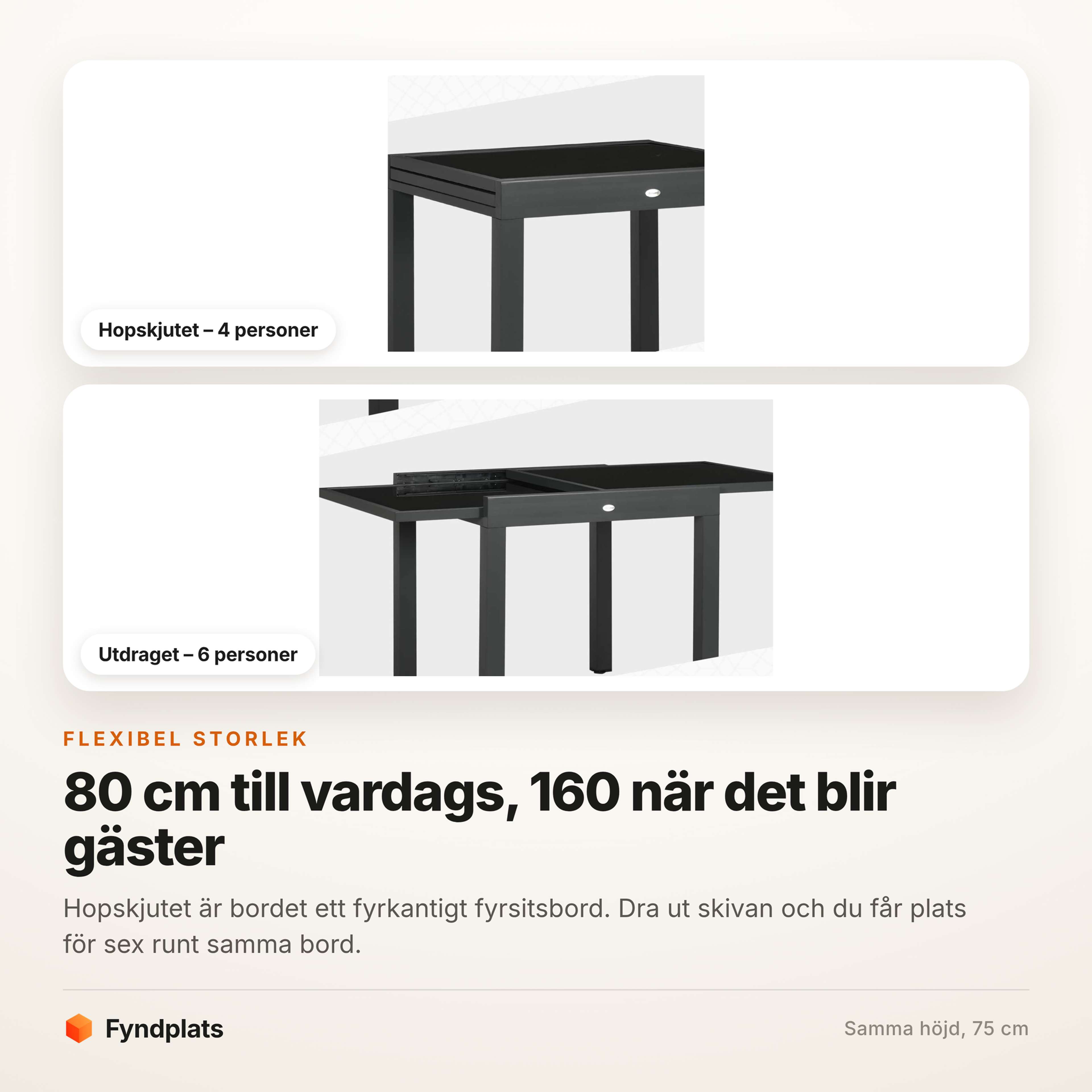 Fyndplats-kort som jämför bordet hopskjutet för fyra personer och utdraget för sex