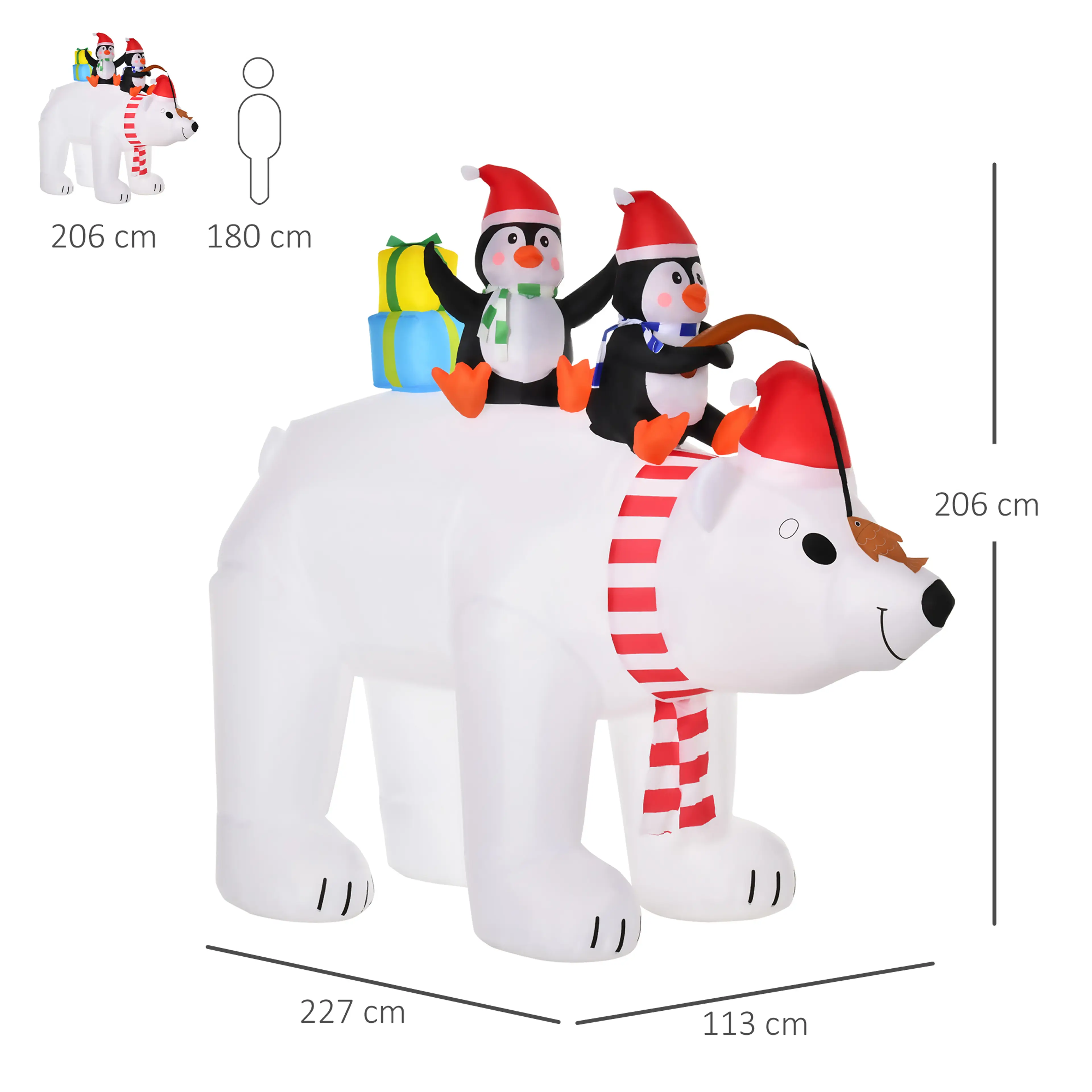 Måttbild: figuren är 227 cm lång, 113 cm bred och 206 cm hög