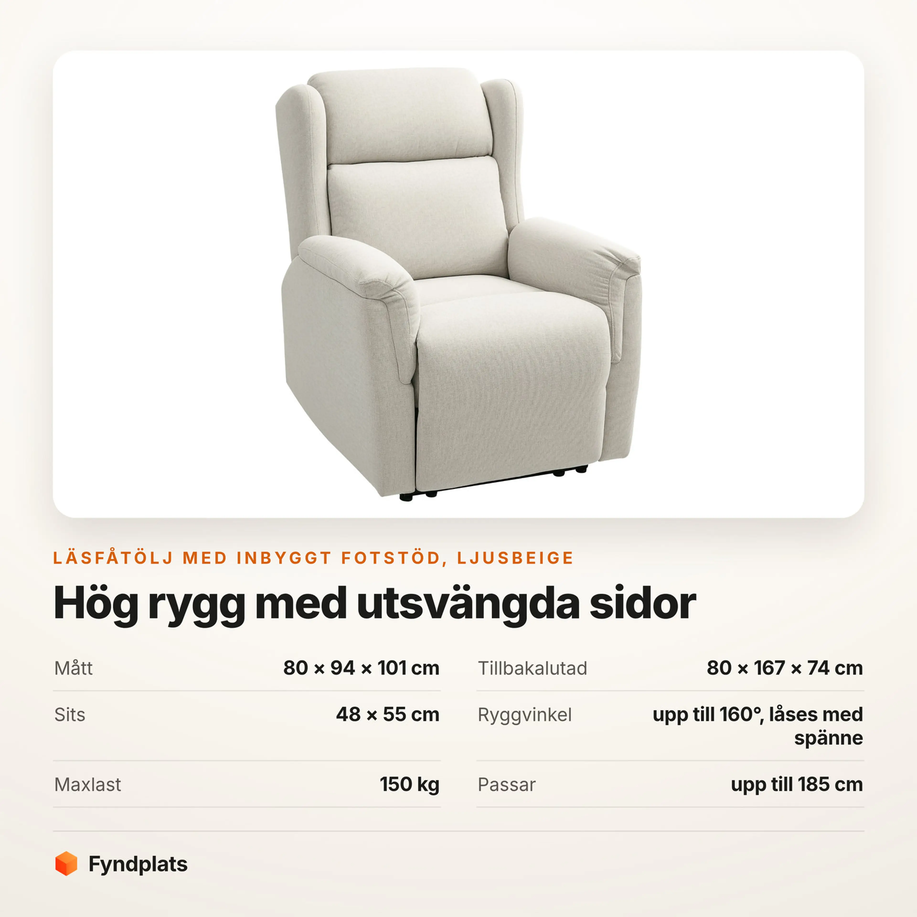 Ljusbeige läsfåtölj med inbyggt fotstöd, mått och ryggvinkel 160 grader
