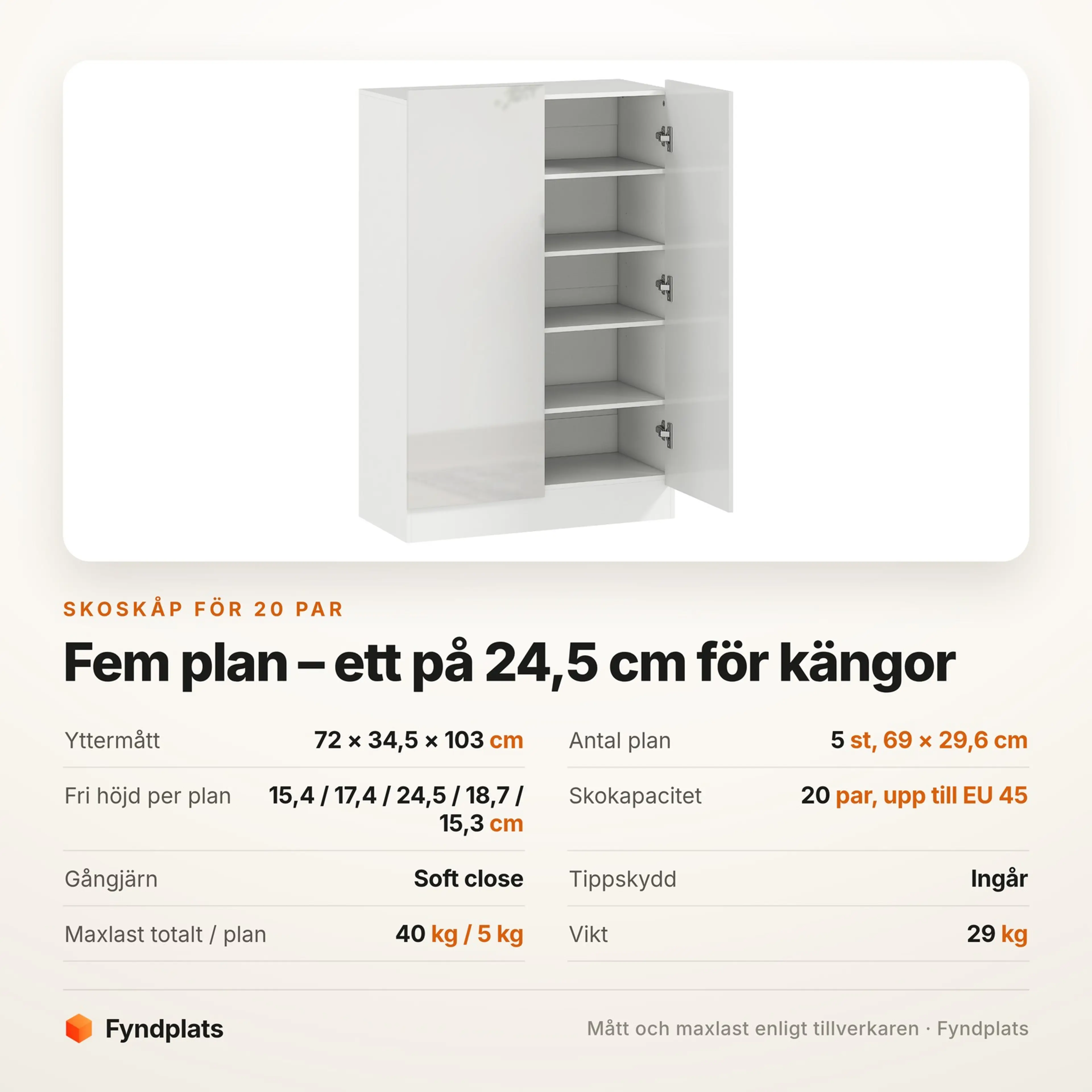 Spec-kort för skoskåpet: 72 × 34,5 × 103 cm, fem plan och 20 par