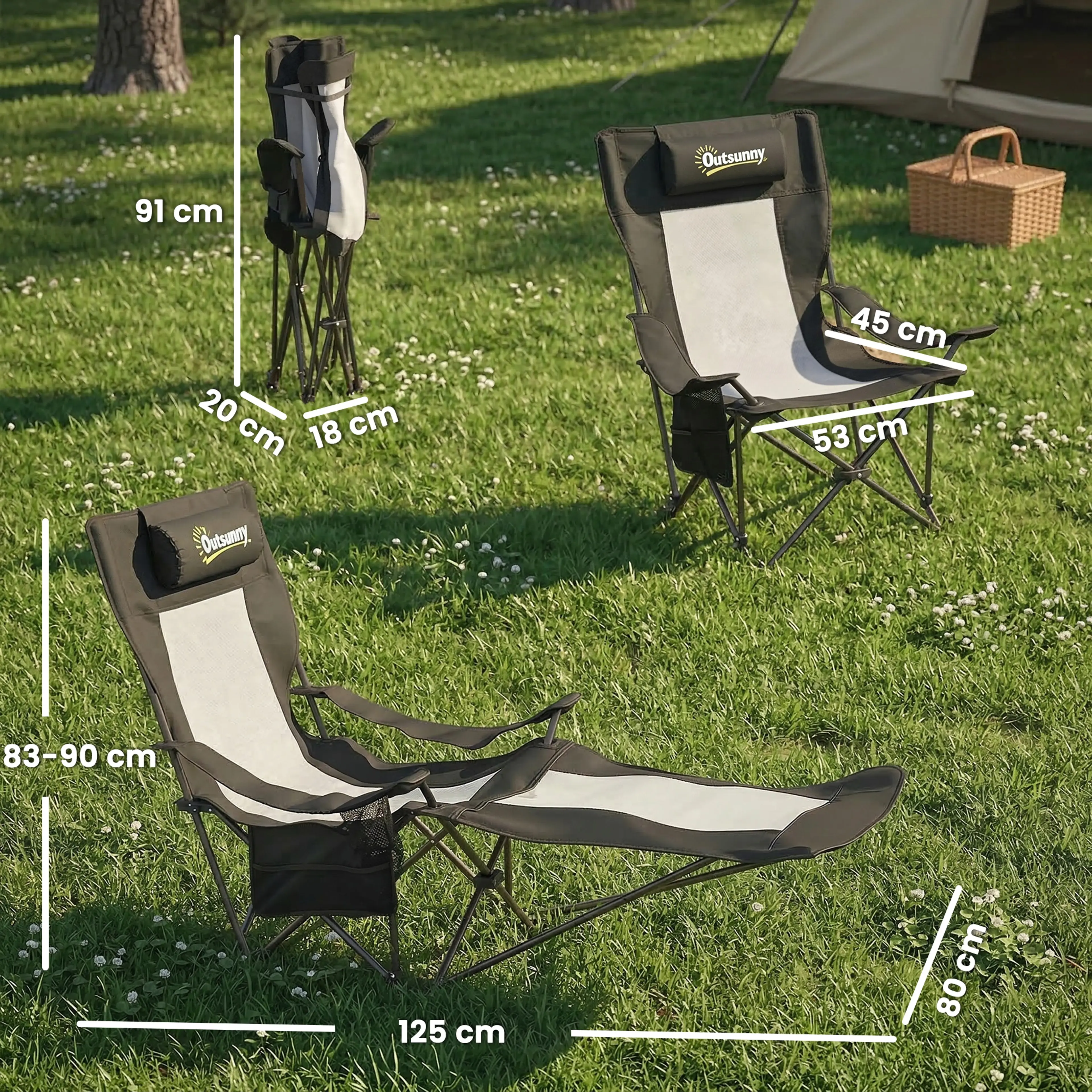 Måttskiss av campingstolen: hopfälld 91 cm, sits 53 cm och höjd 83–90 cm