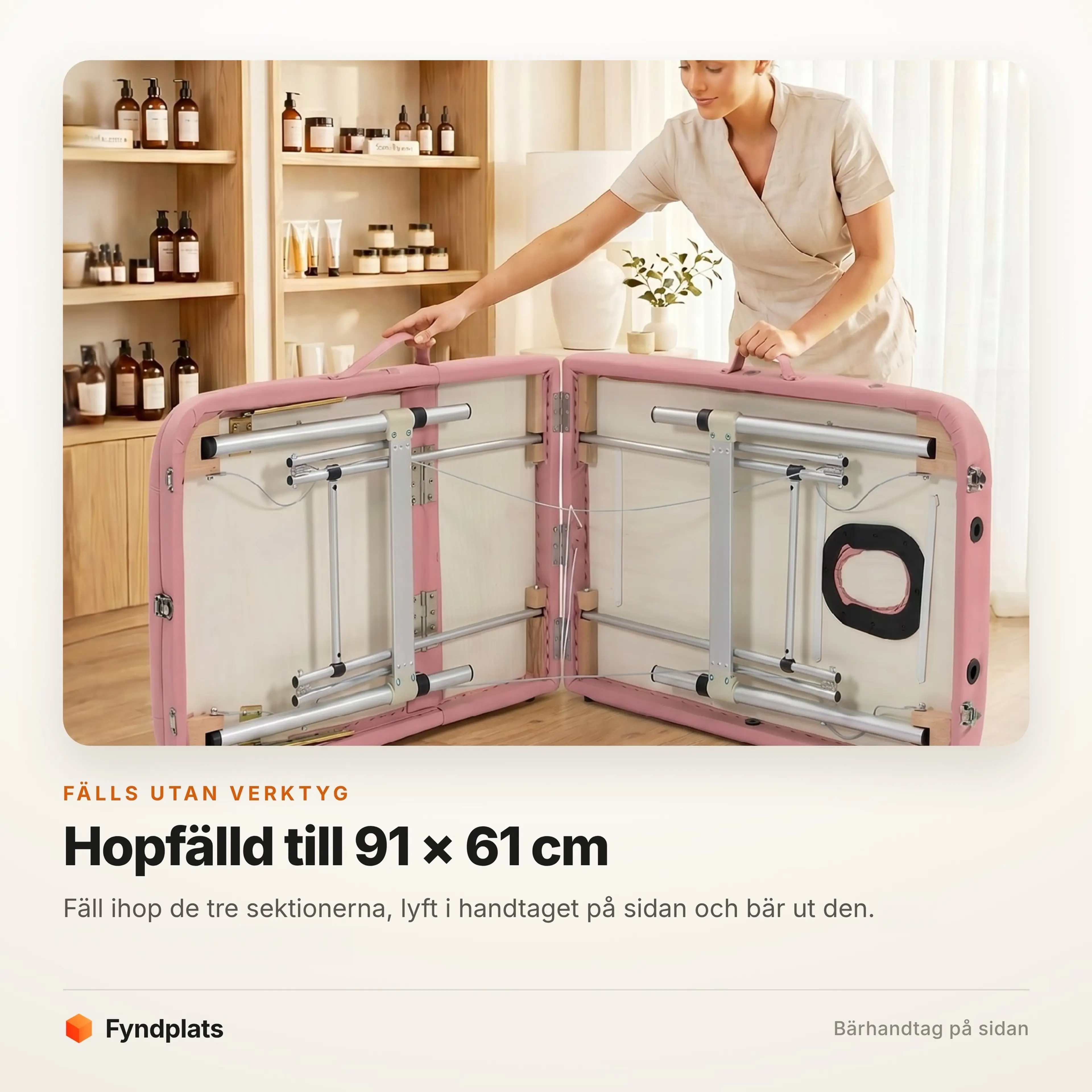 Massagebänken hopfälld till ett platt paket på 91 × 61 cm med bärhandtag