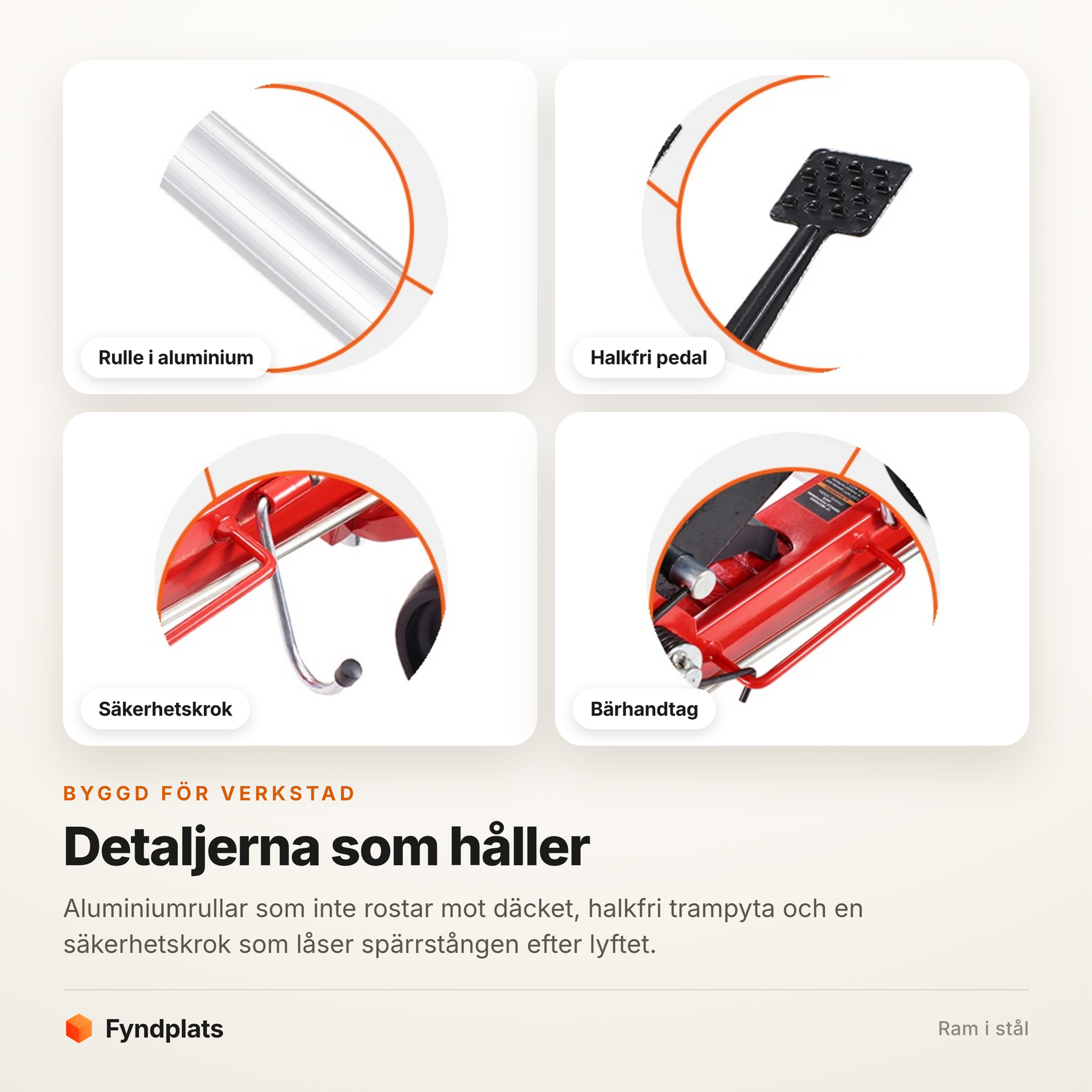 Detaljer på hjuldolly – aluminiumrulle, halkfri pedal, säkerhetskrok och bärhandtag