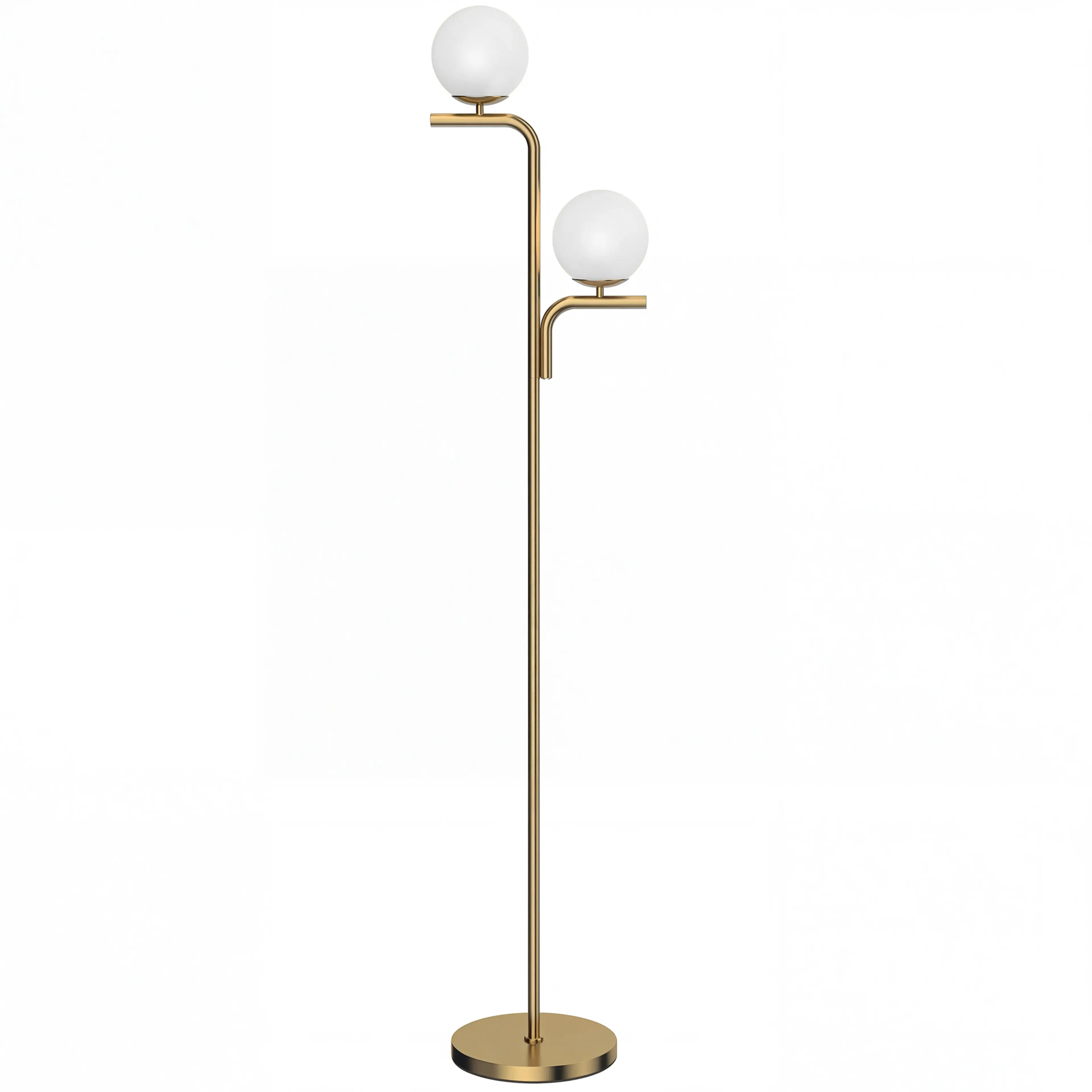 Guldfärgad golvlampa med två matta glaskulor på armar i olika höjd