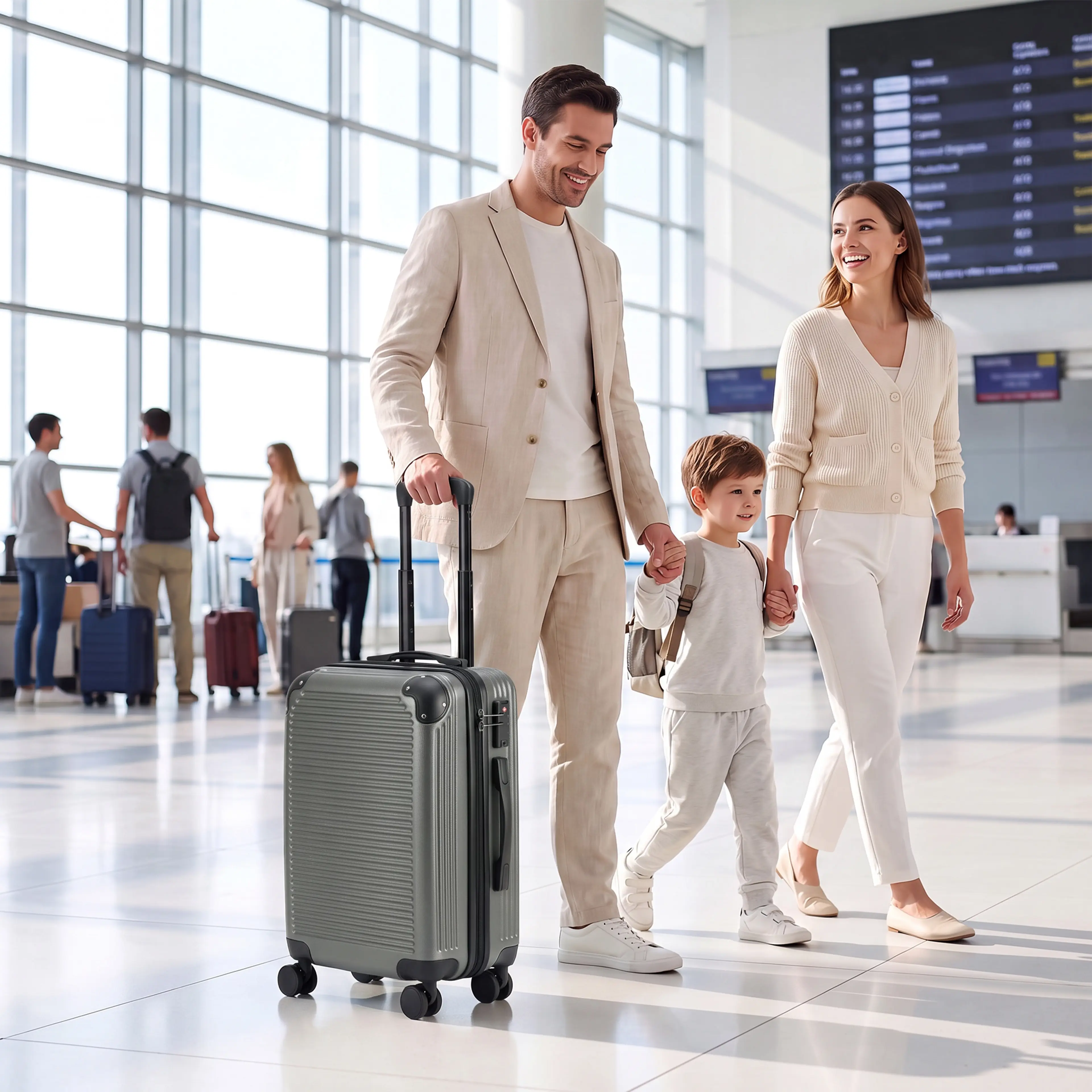 En familj går genom en flygplatsterminal med kofferten
