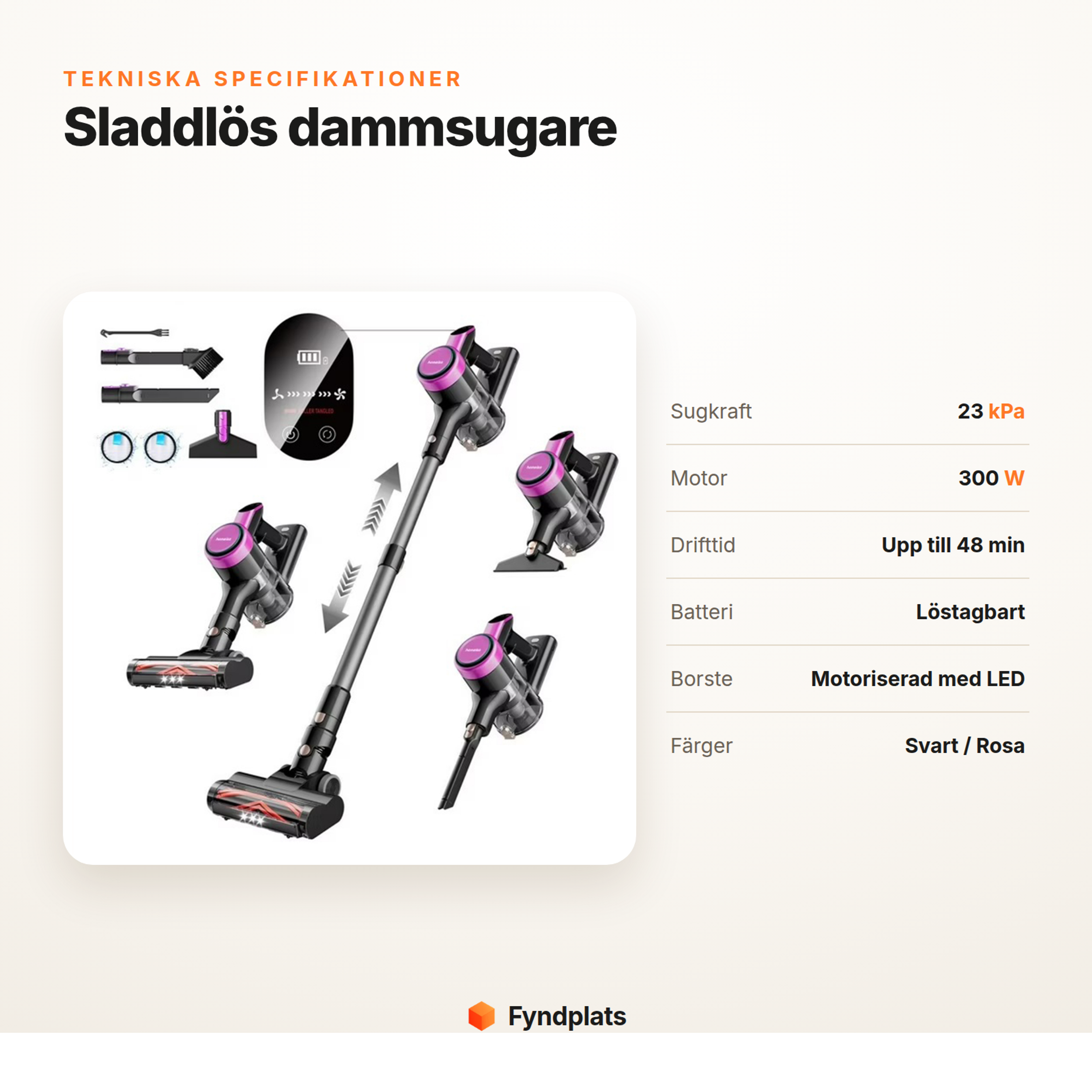 Specifikationer för sladdlös dammsugare: 23 kPa, 300 W, 48 min drifttid och löstagbart batteri