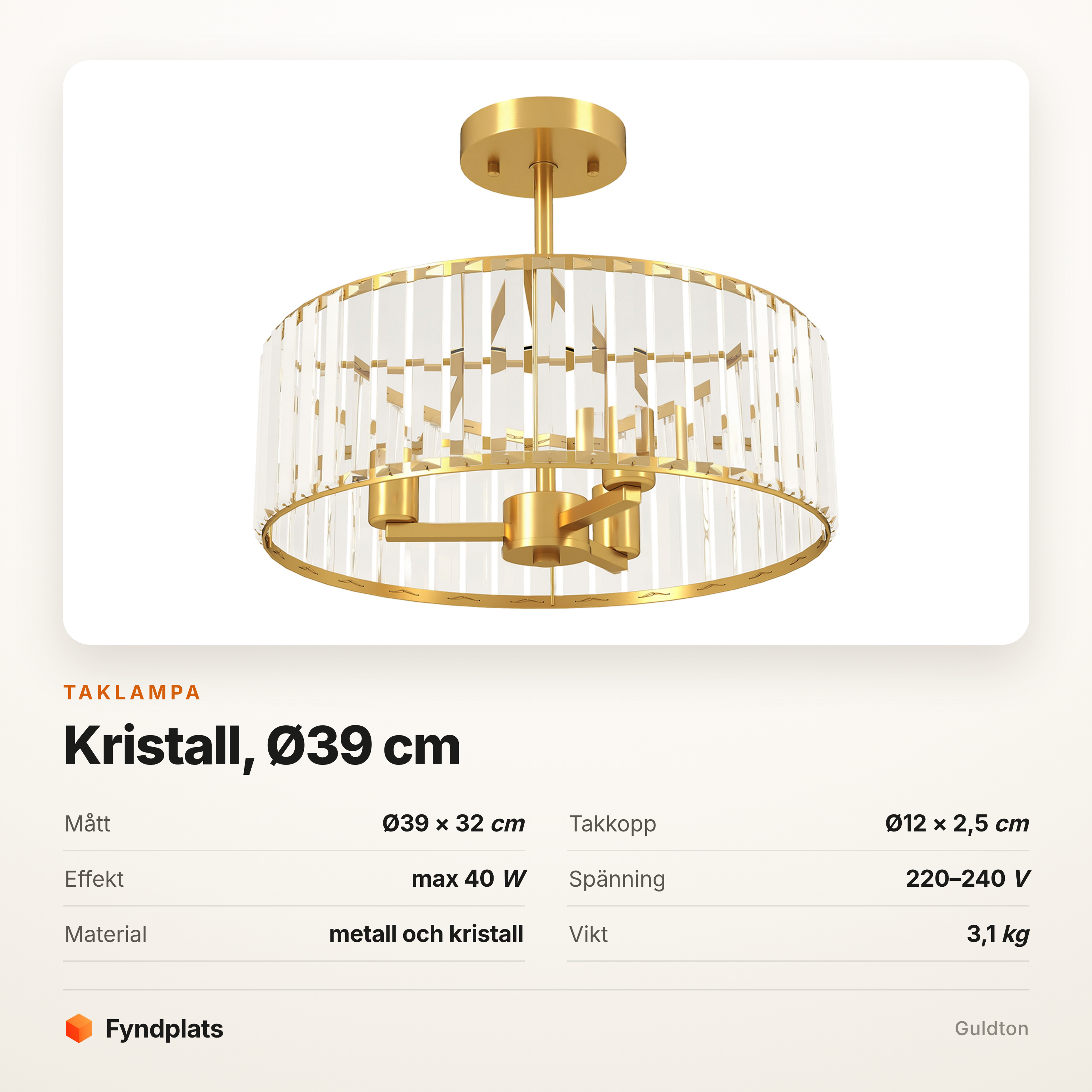 Taklampa i kristall Ø39 cm – semi-flush i guldton, 32 cm bygghöjd – bild 5