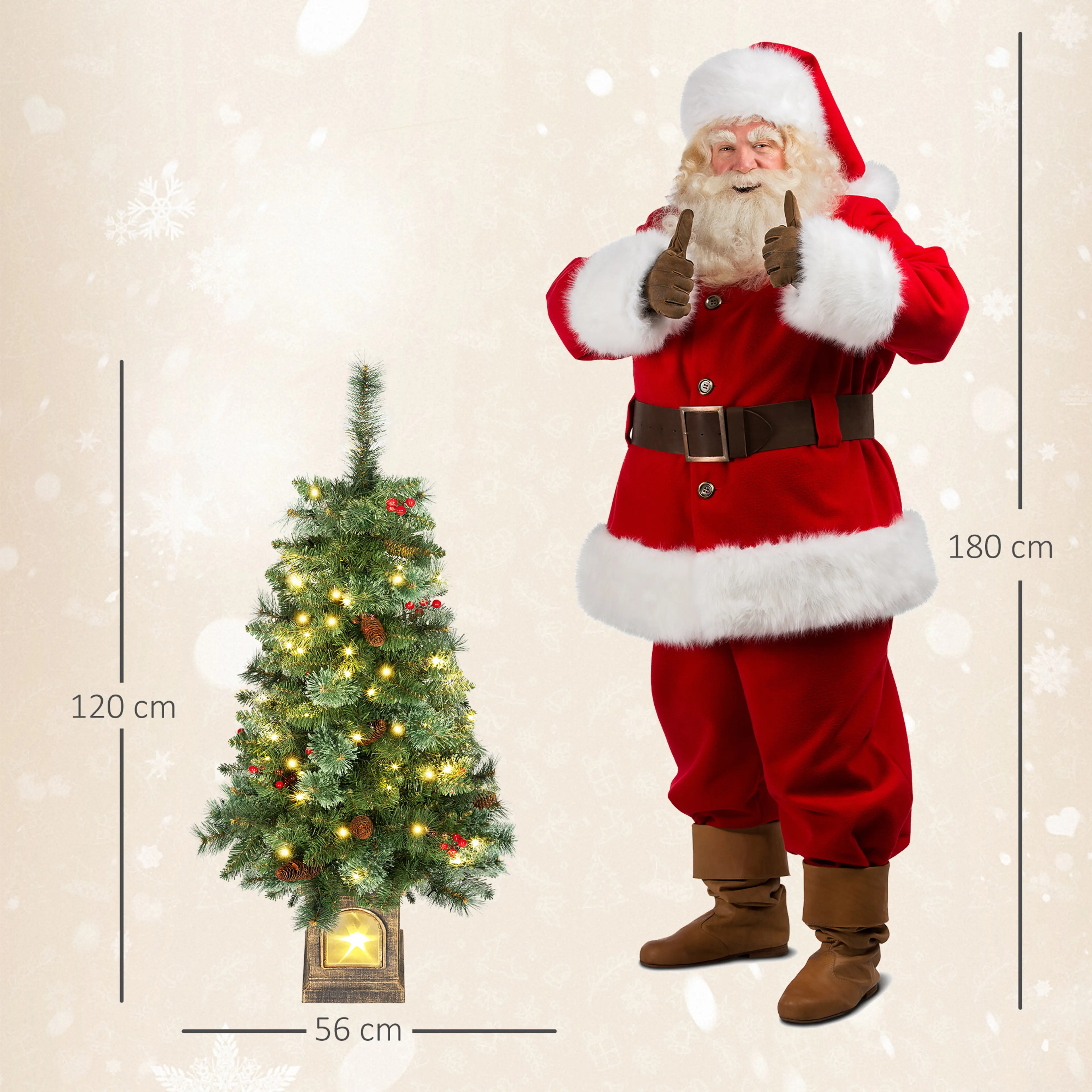 Måttbild: granen är 120 cm hög och 56 cm bred, bredvid en jultomte