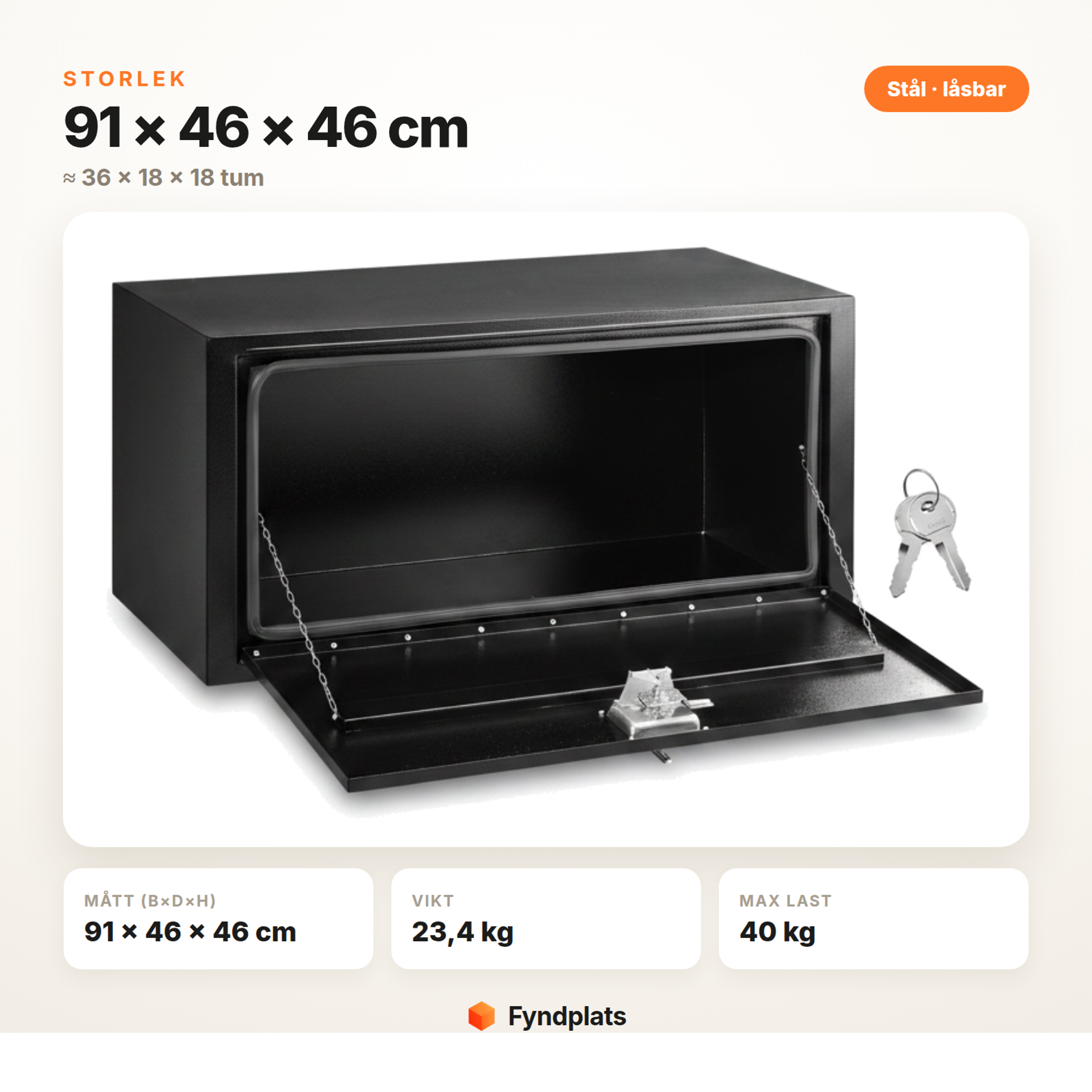 Verktygslåda för lastbil, storlek 91 × 46 × 46 cm – mått, vikt och max last