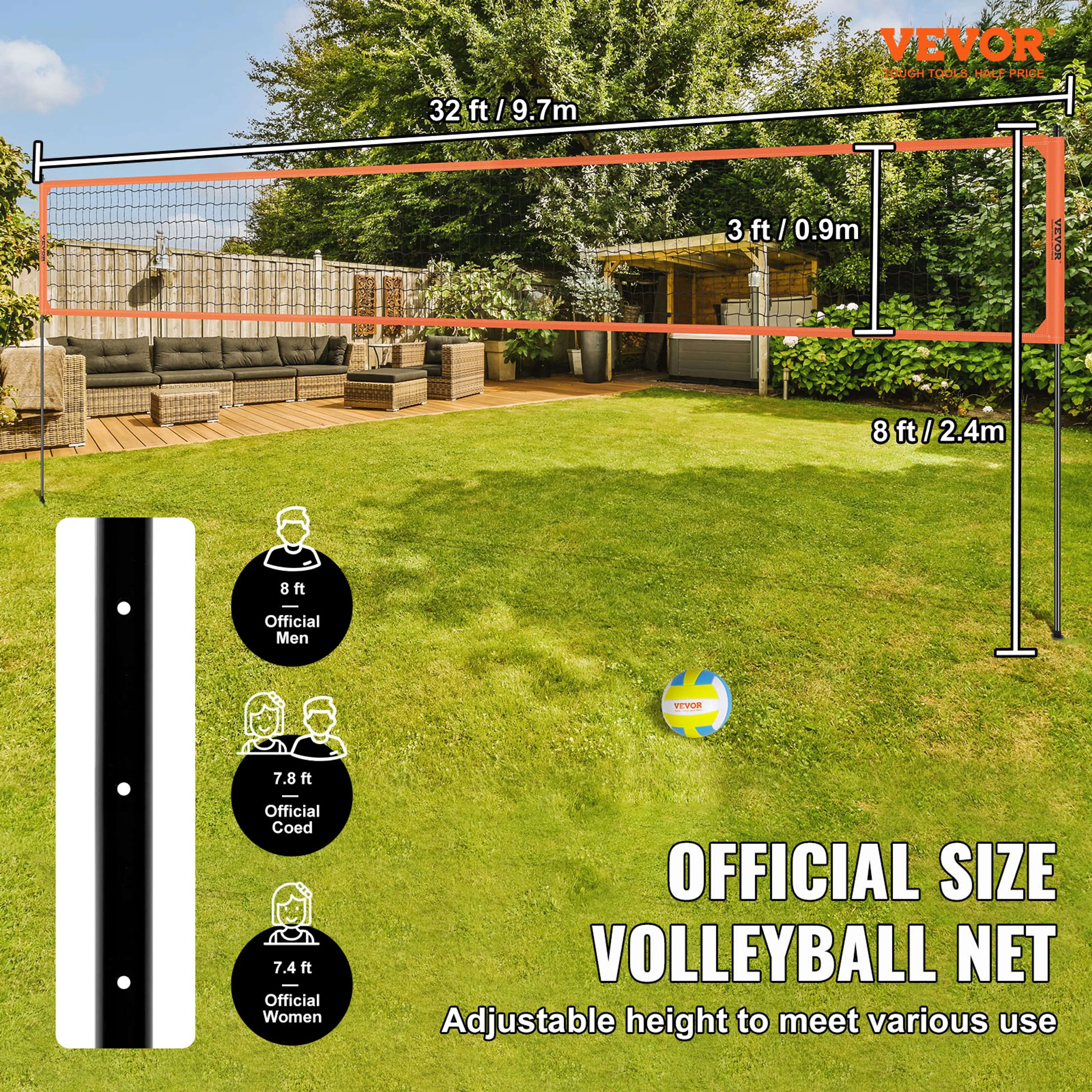 Portabelt volleybollnät – komplett set, justerbar höjd, stolpar och boll