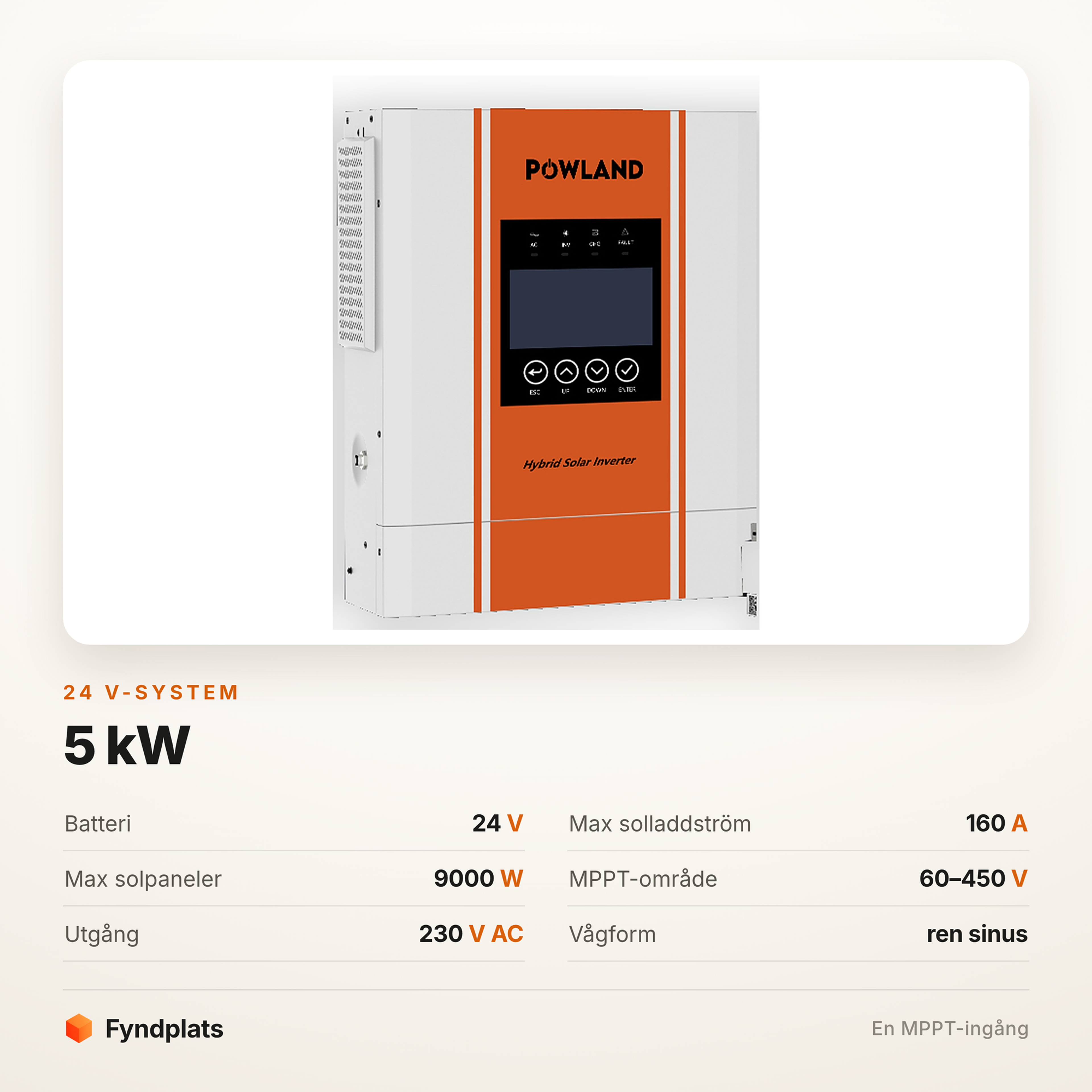 Hybridväxelriktare 5 kW för 24 V batteribank med 160 A solladdning